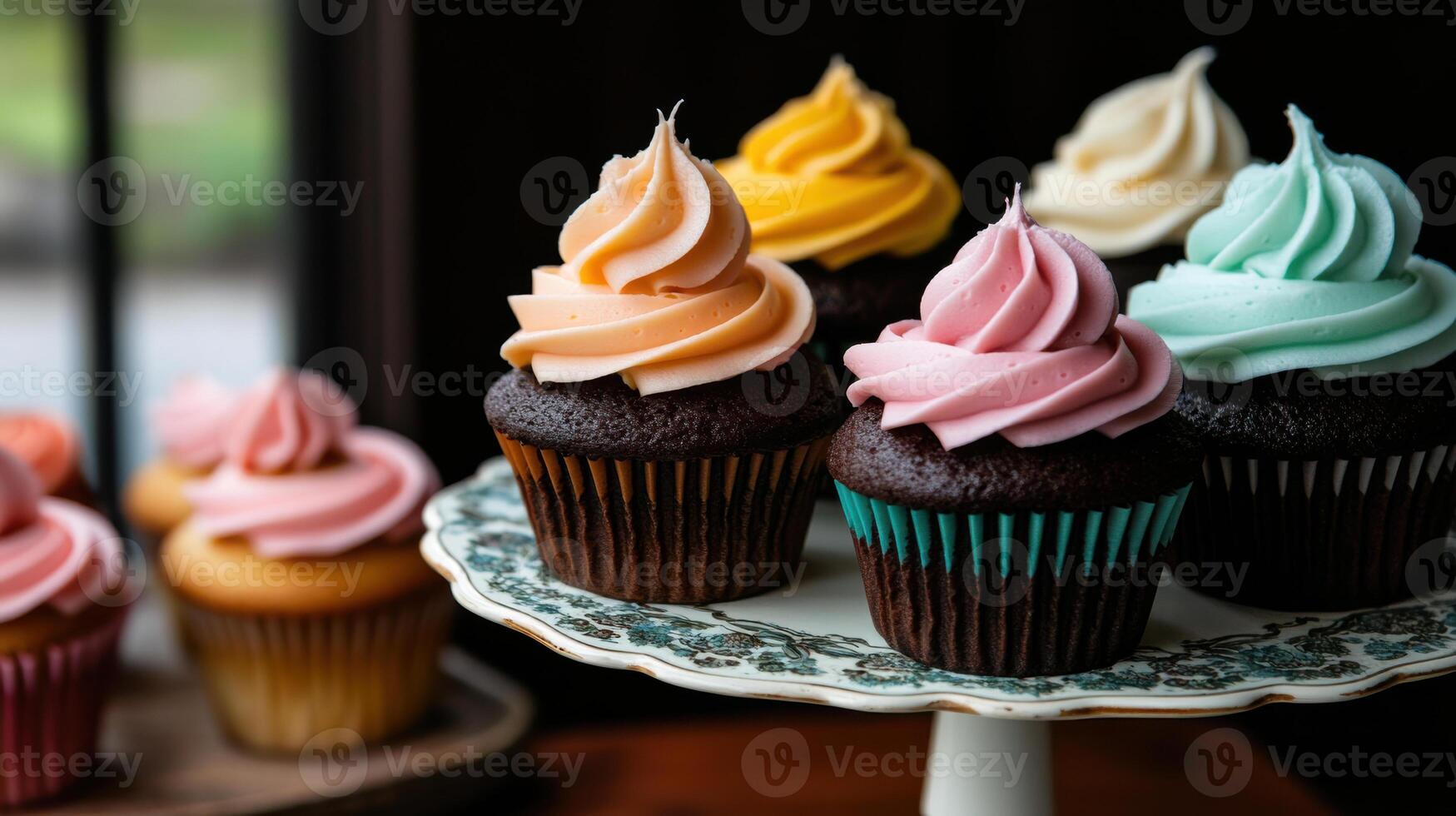 Delicious cupcakes with colorful frosting on stand photo