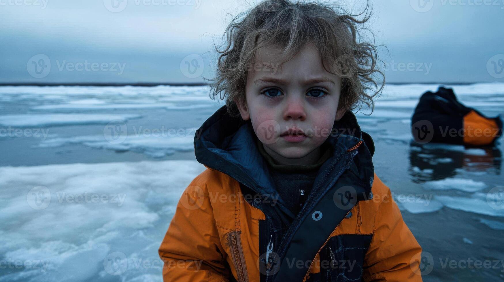 child in orange jacket stands on polar ice sheet photo