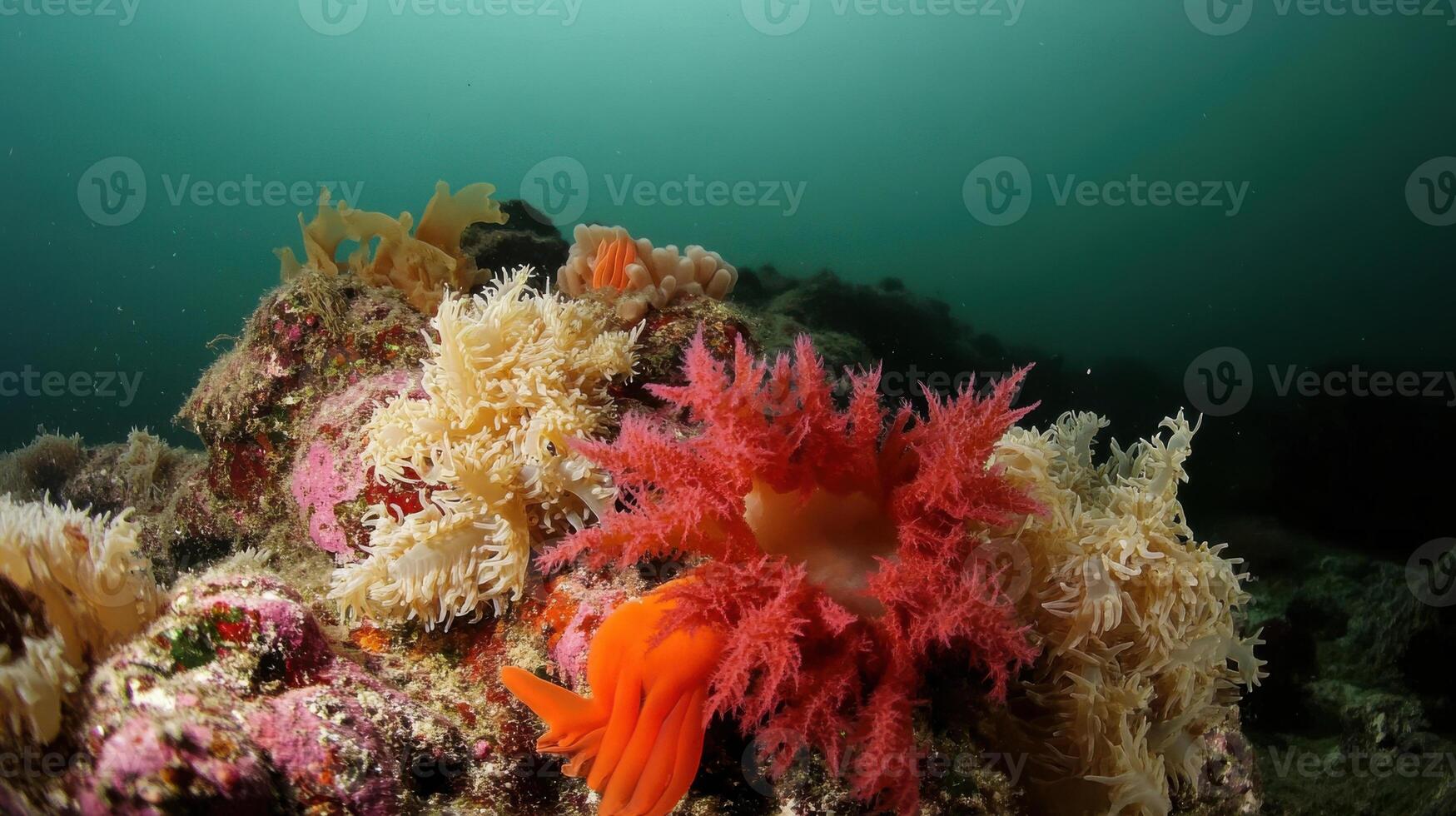 Vibrant coral reef with colorful marine life in murky waters photo
