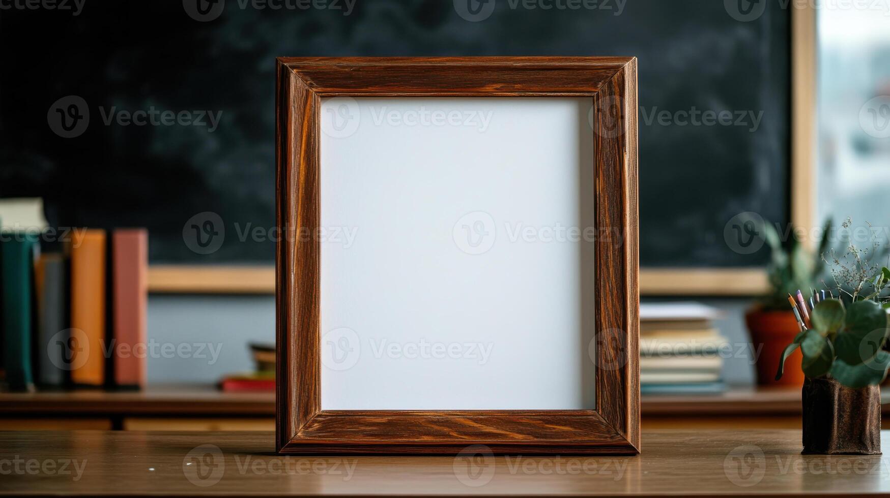 A blank white frame on a wooden table in front of a blackboard photo