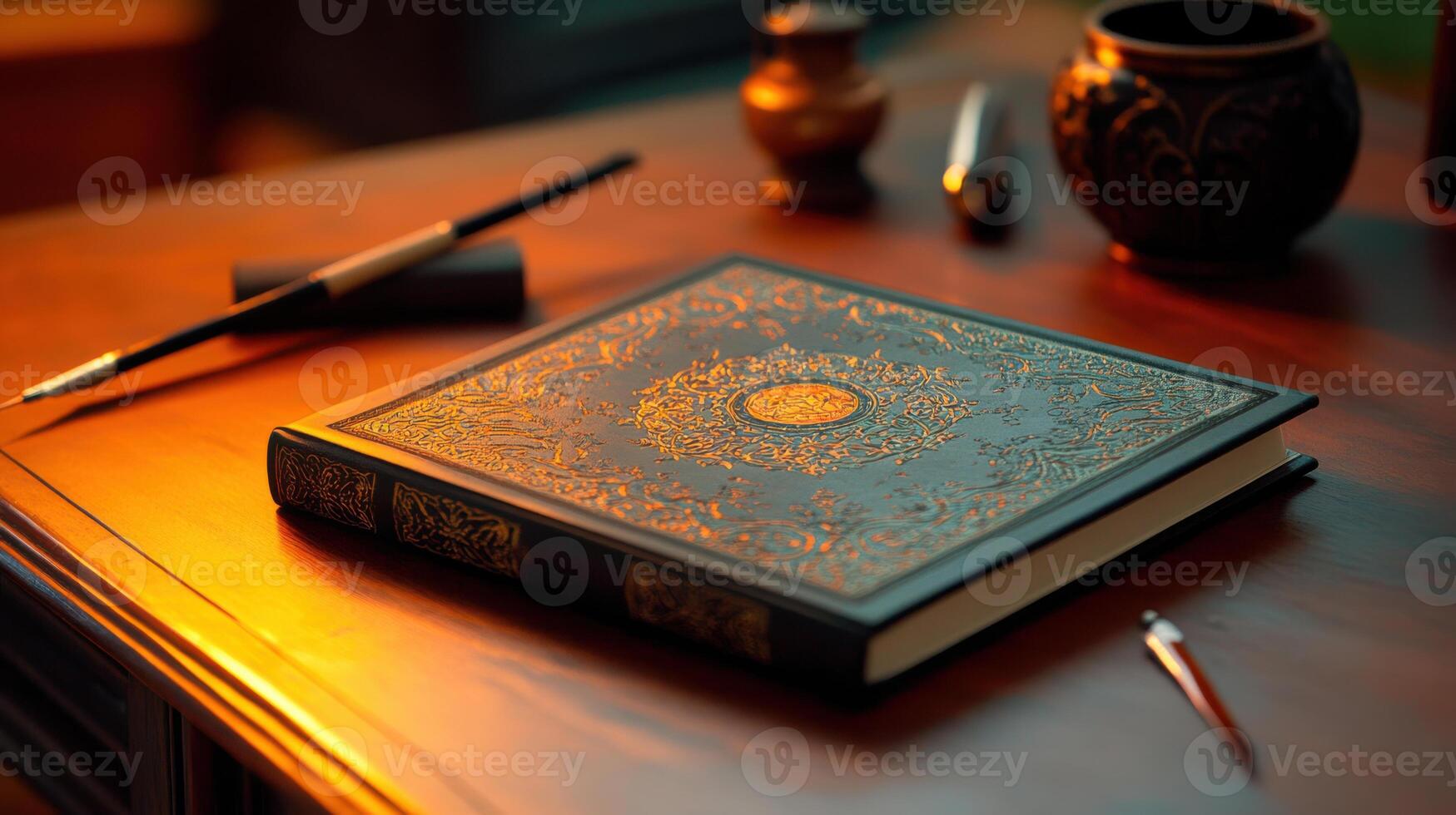 vintage journal with ornate cover on wooden desk photo