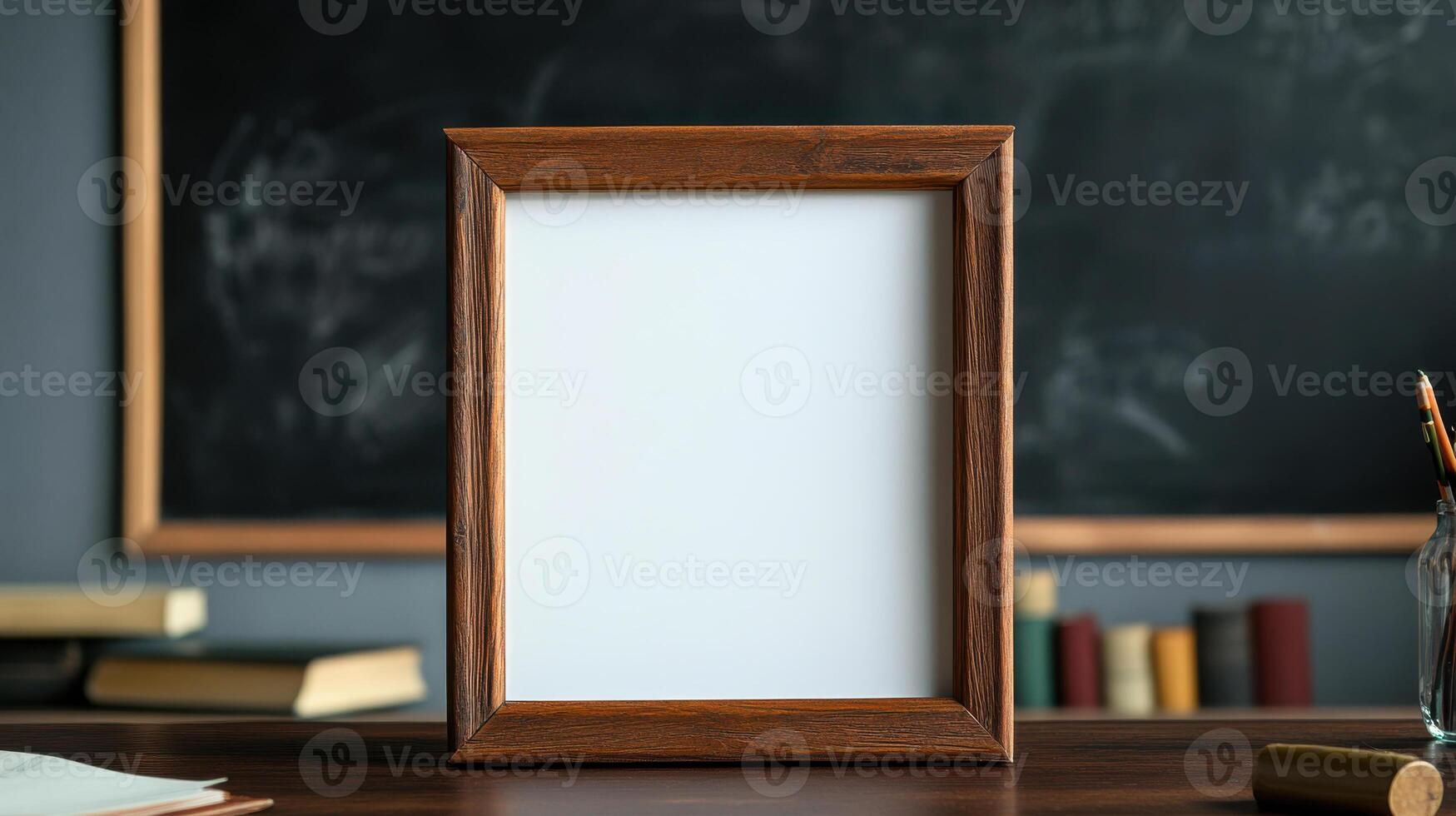 A blank white frame on a desk in front of a blackboard photo