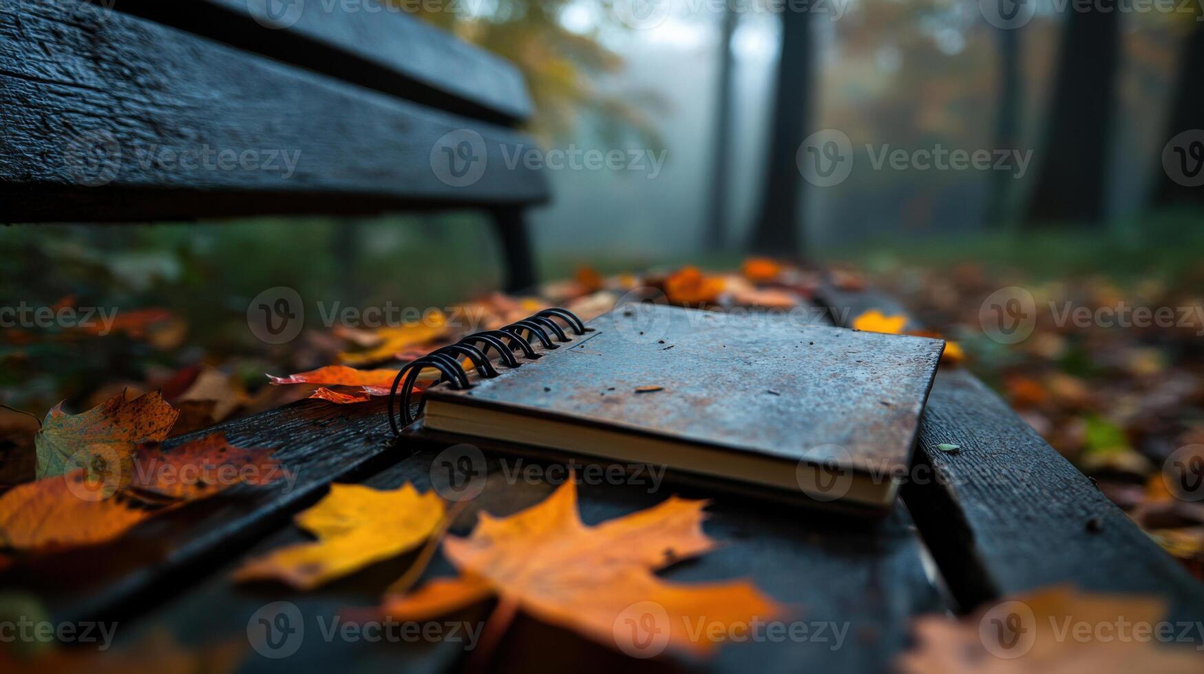 Autumn notebook on a bench in the woods photo