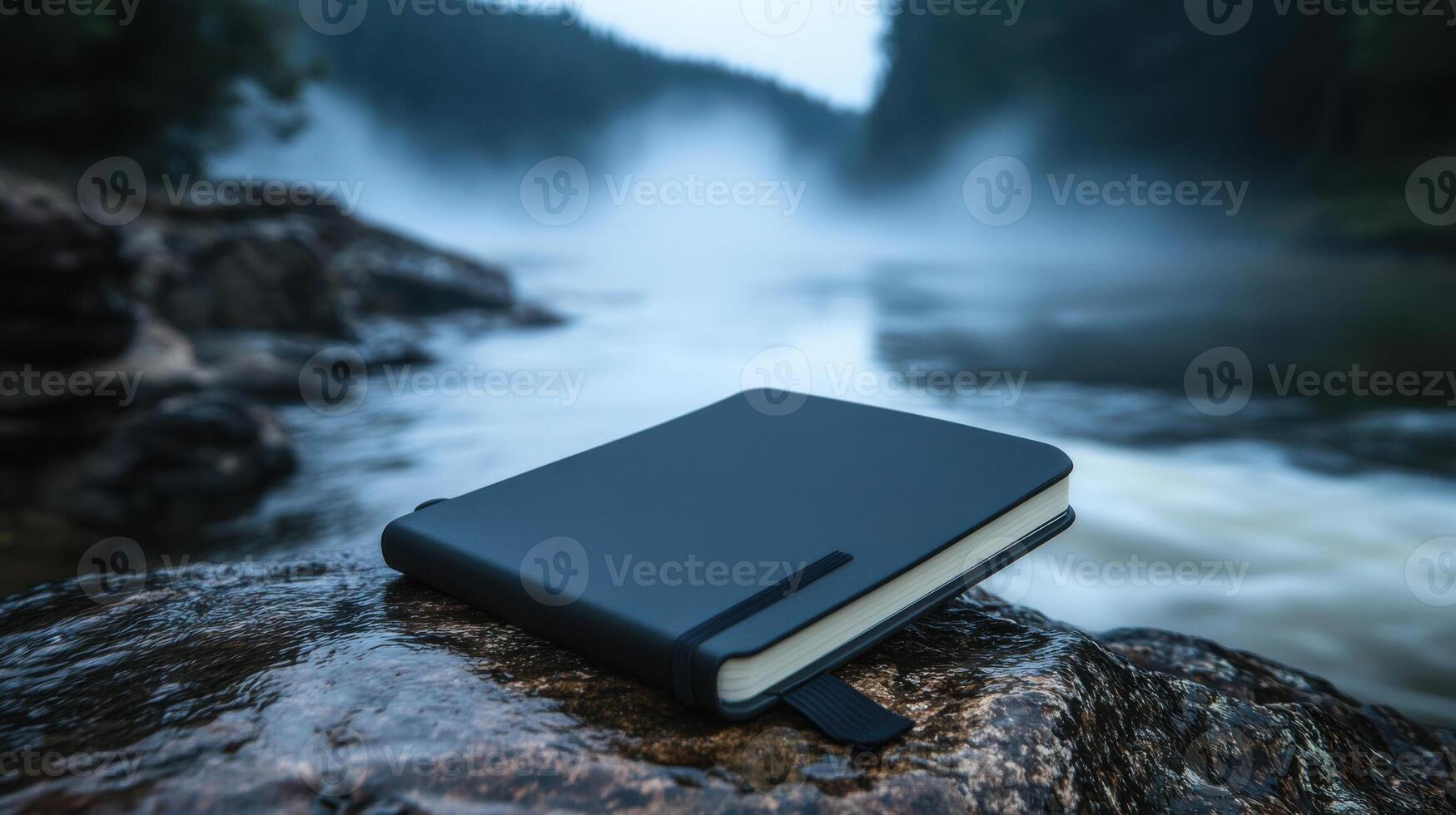 waterproof notebook resting on rock by river photo
