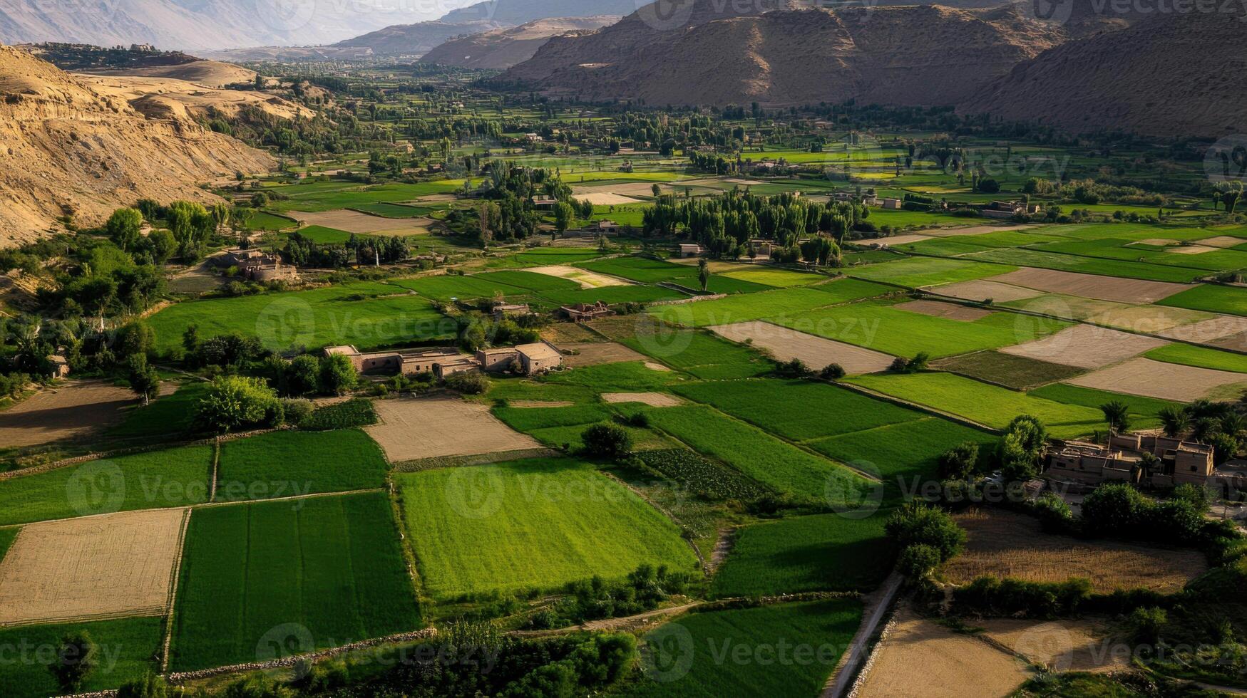 Lush green fields and mountains in serene valley landscape photo