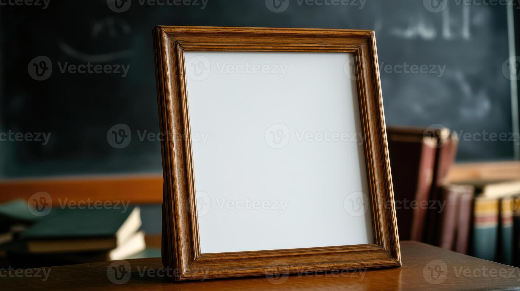A blank picture frame on a desk in front of a blackboard photo