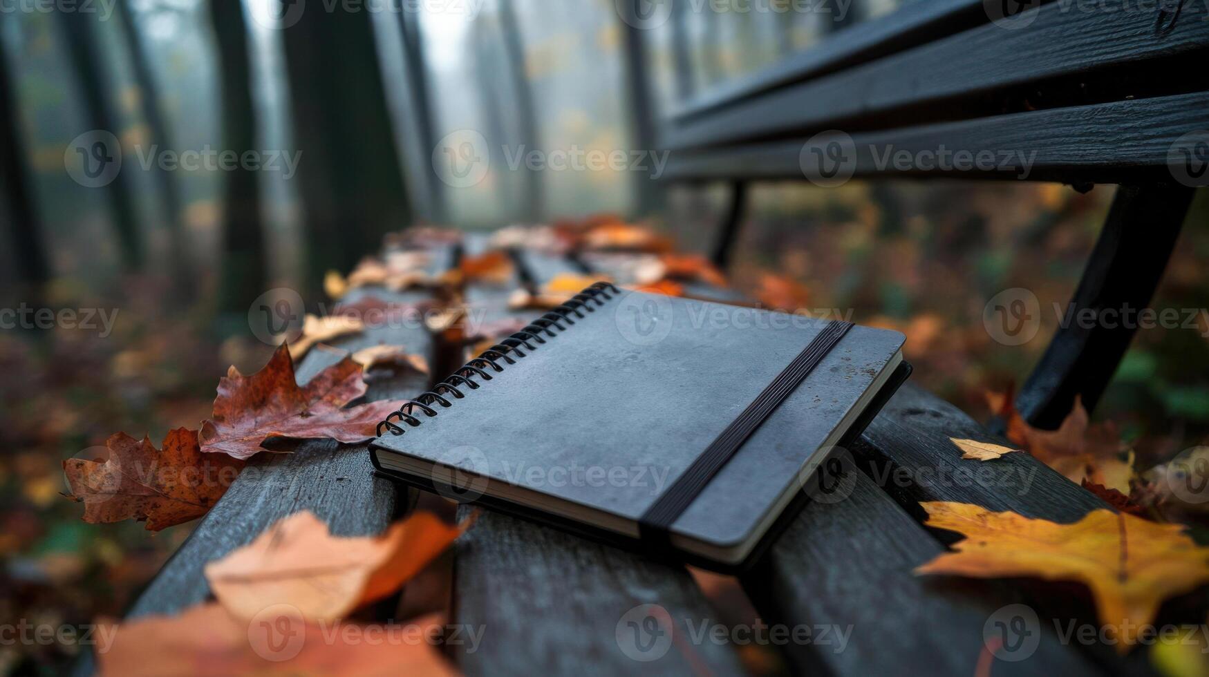 Autumn notebook on a bench in the woods photo