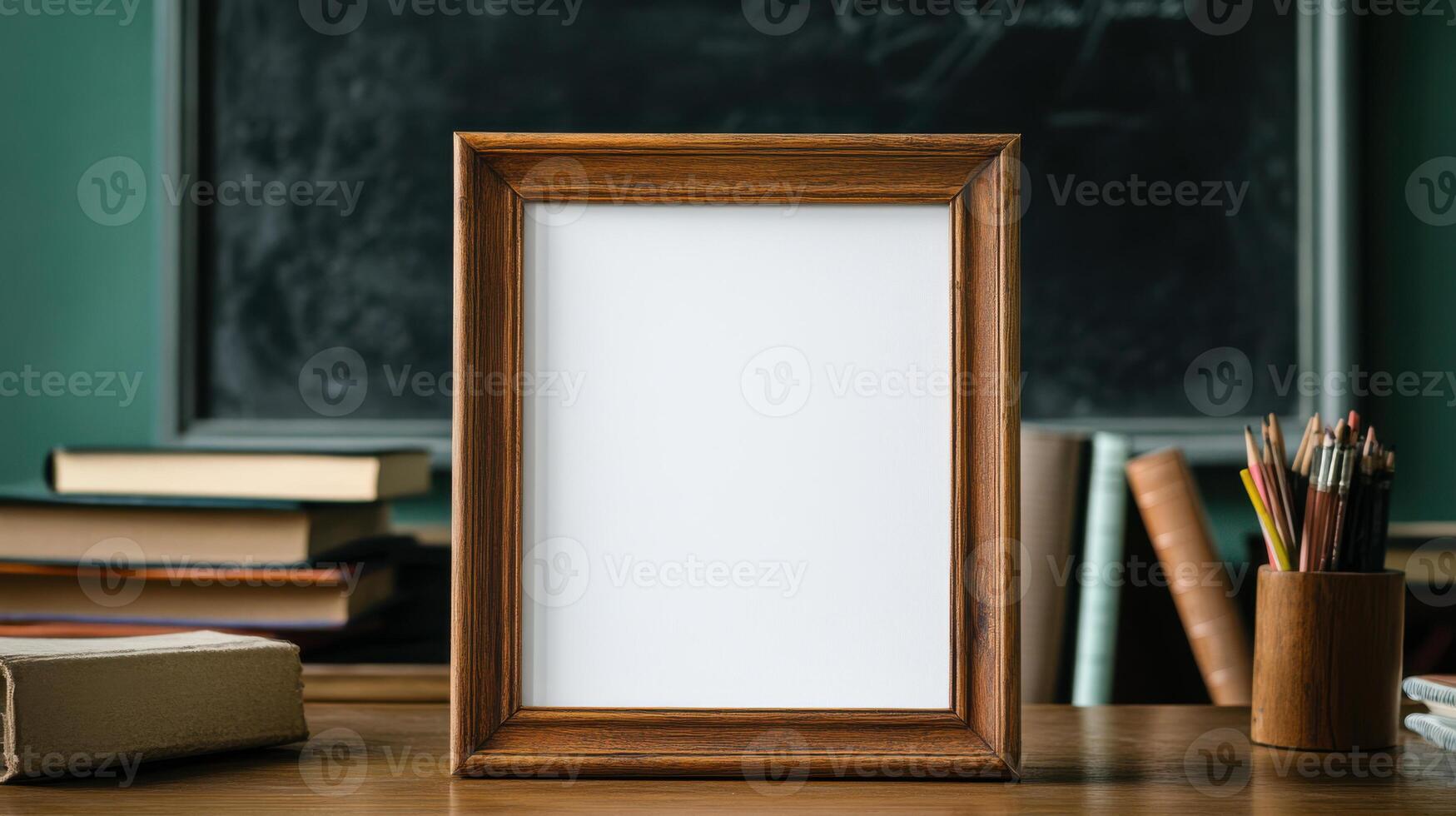 Blank white frame on wooden desk with blackboard in the background photo