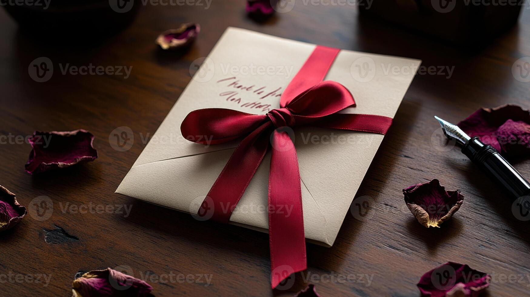 A red ribbon tied around a book and pen photo