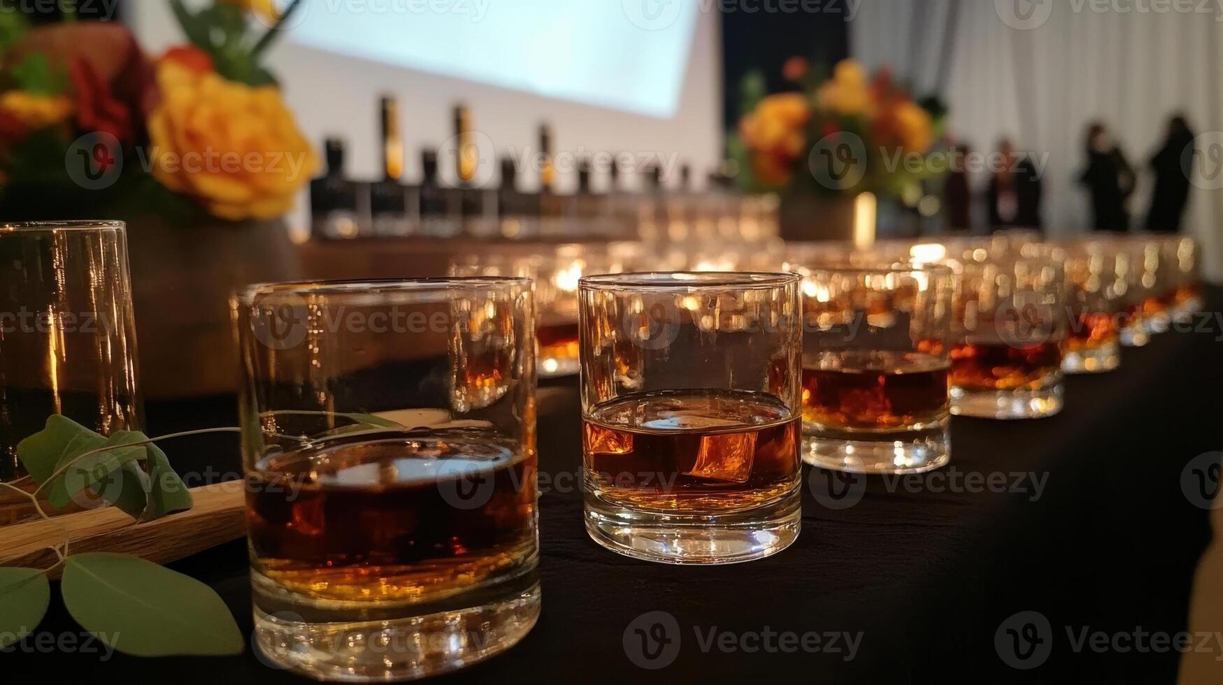A long table with glasses of whiskey and flowers photo