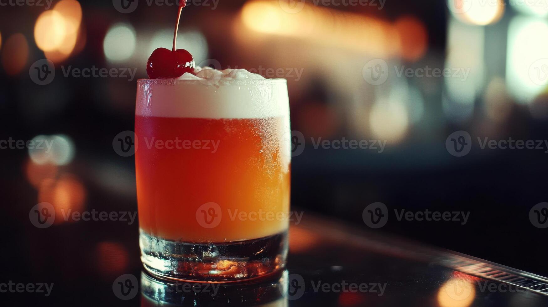 vibrant whiskey sour cocktail with cherry garnish photo