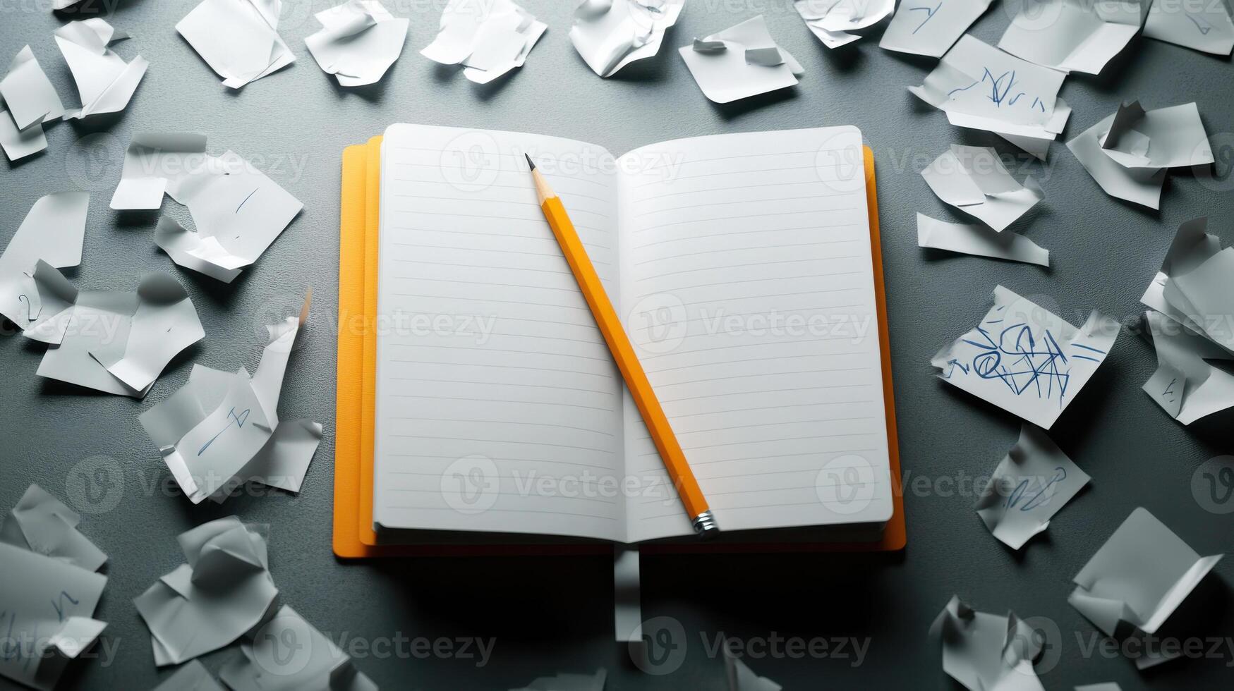 A notebook with a pencil and sticky notes on a grey background photo