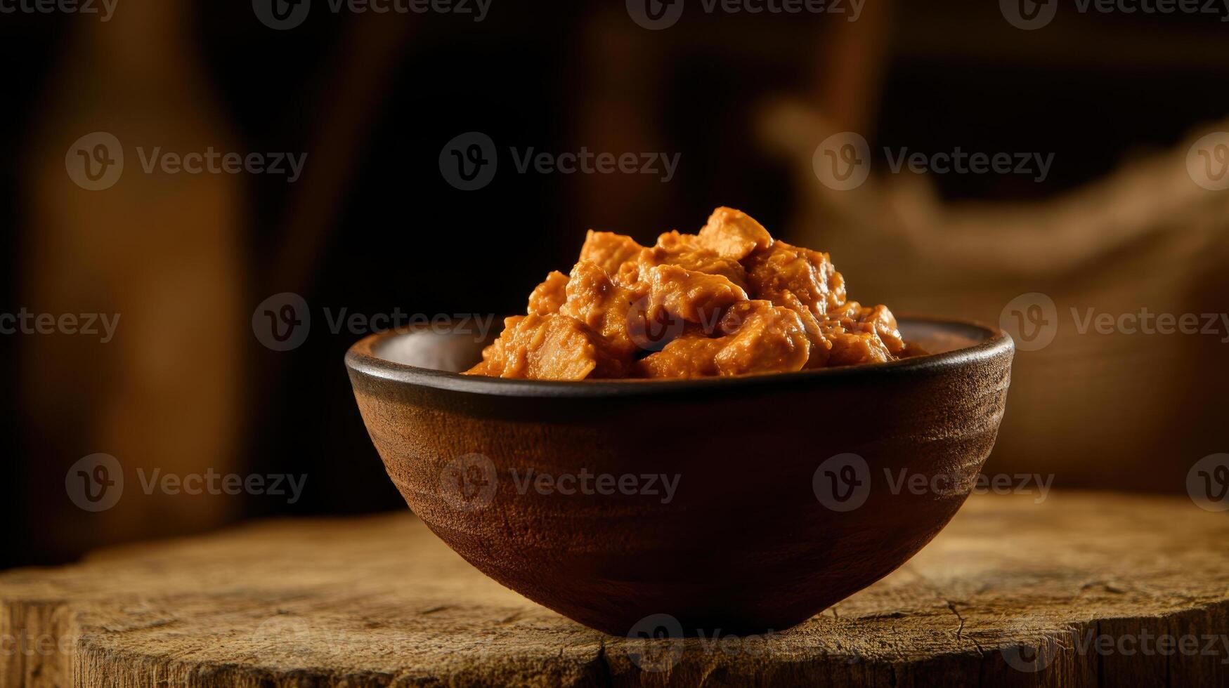 Delicious chicken curry in rustic bowl on wooden table photo