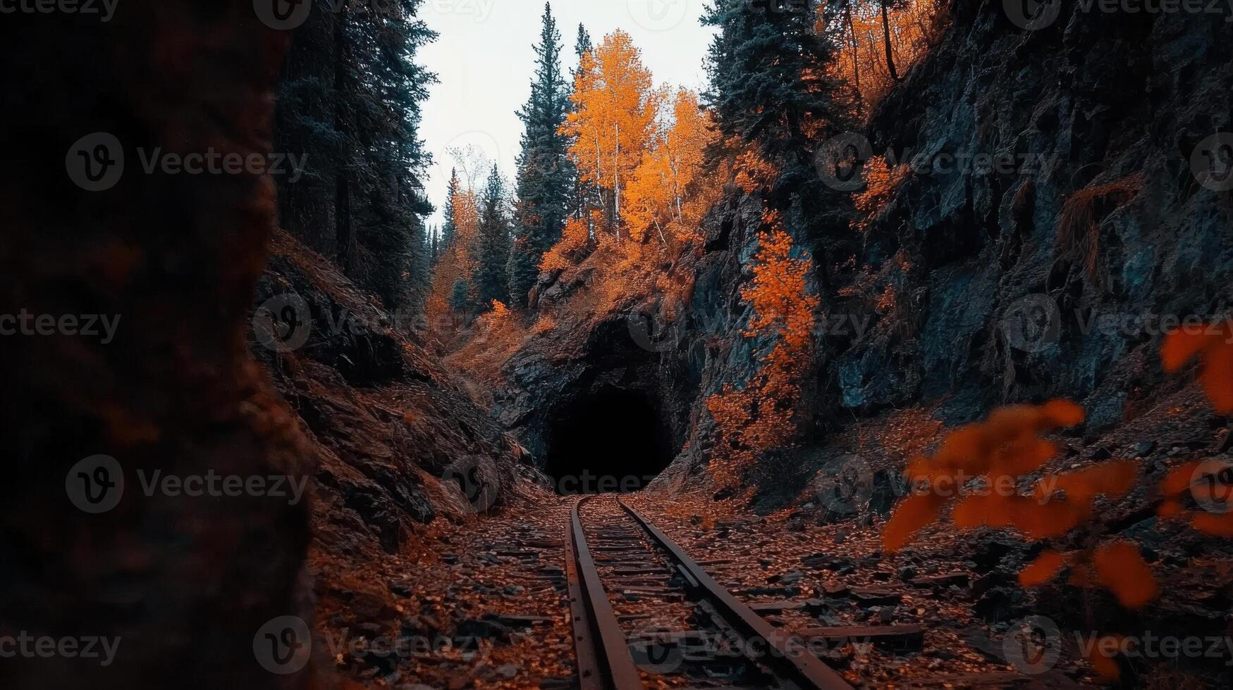 Abandoned mine with rusted tracks and autumn foliage photo