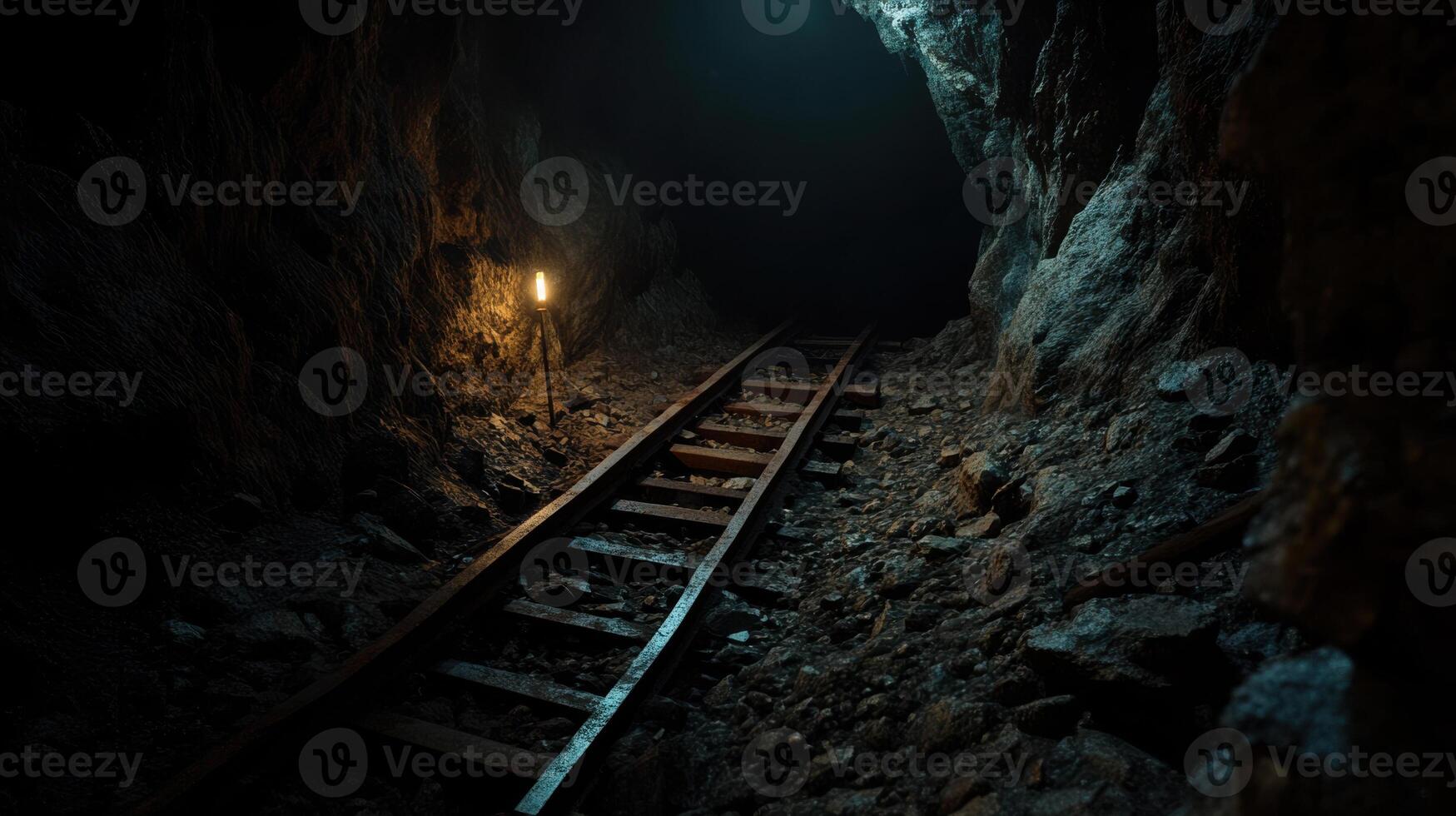 Abandoned mine with rusted tracks and dim lighting photo