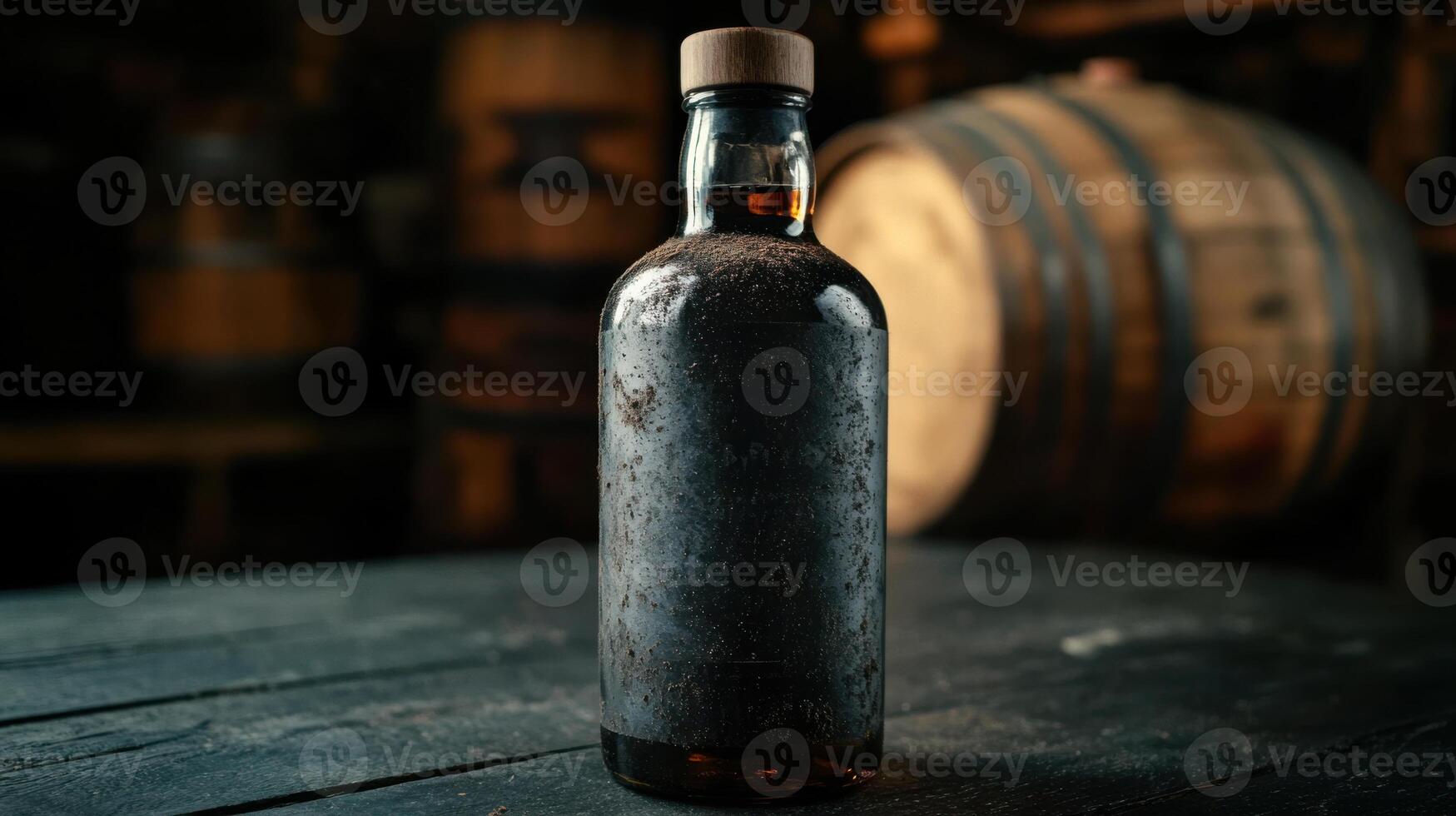 Aged whiskey bottle with dust on it, evoking nostalgia photo