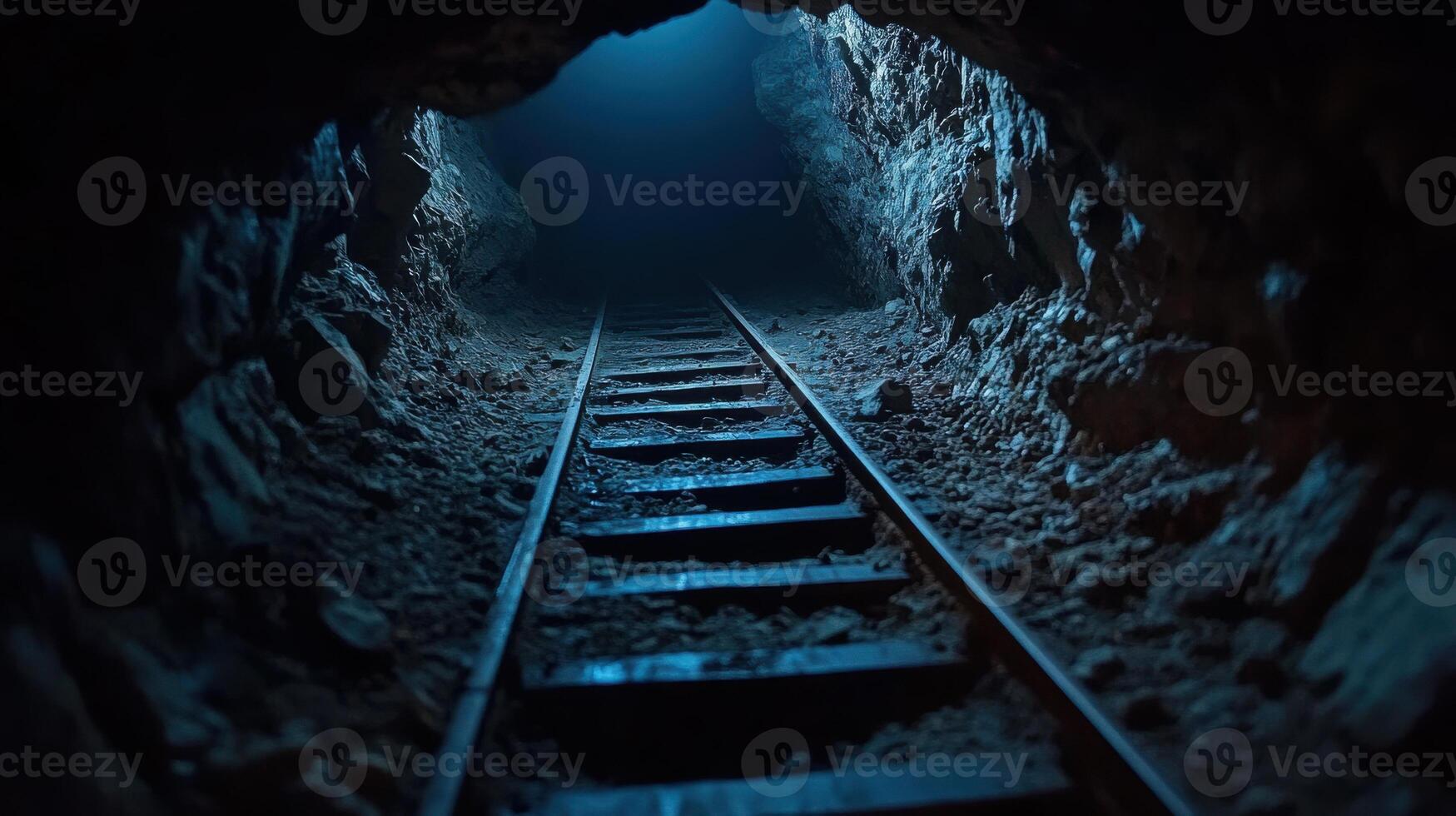 Abandoned mine with rusted rail tracks leading into darkness photo