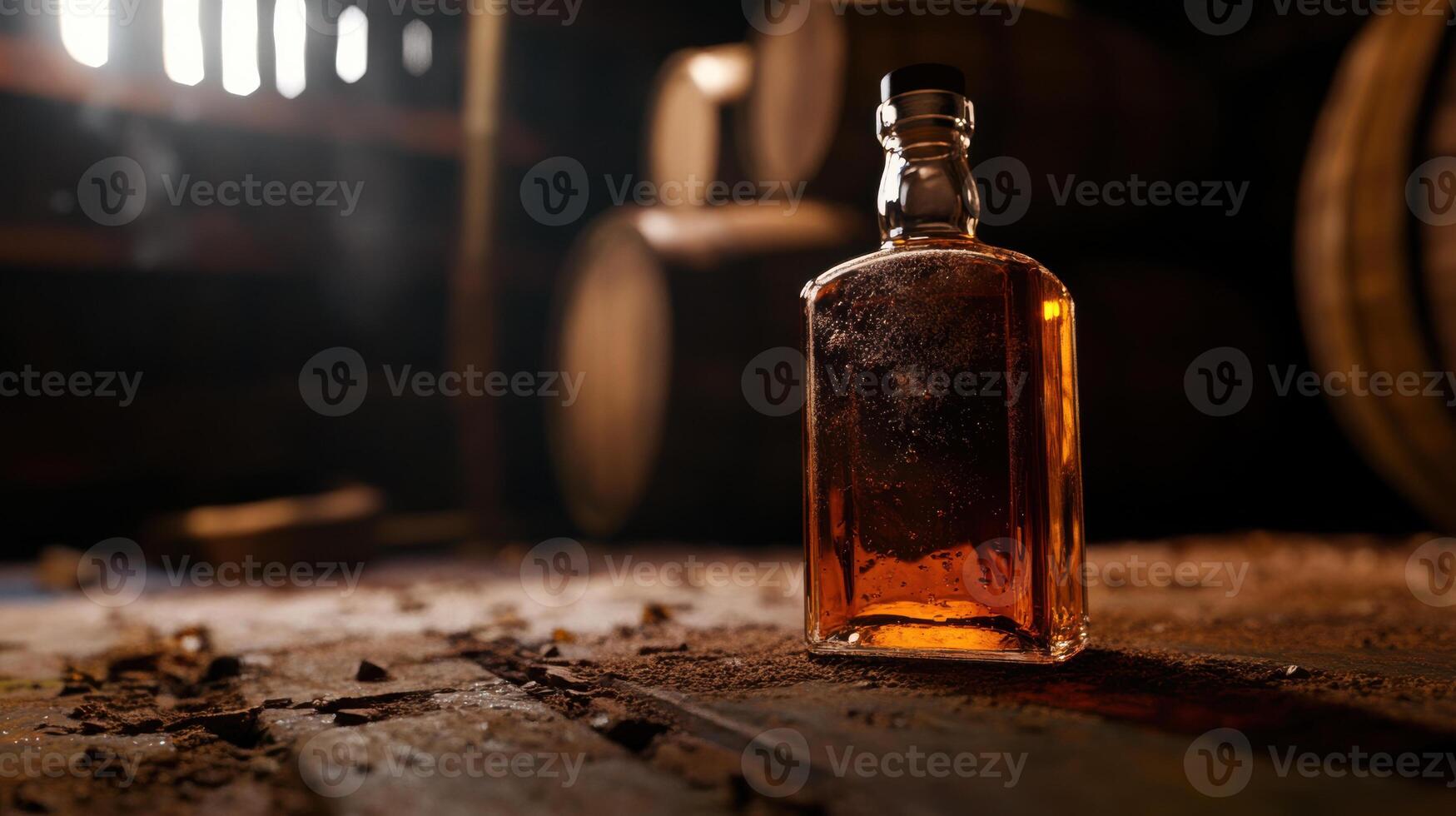 A bottle of whiskey sits on a wooden floor photo