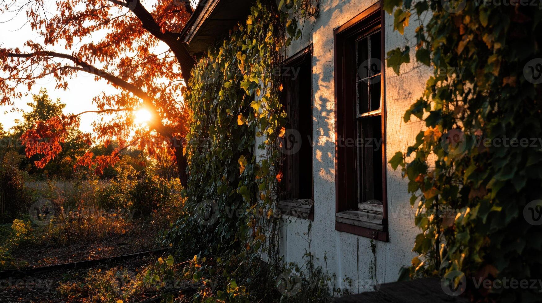 Abandoned vintage house covered in autumn ivy at sunset photo