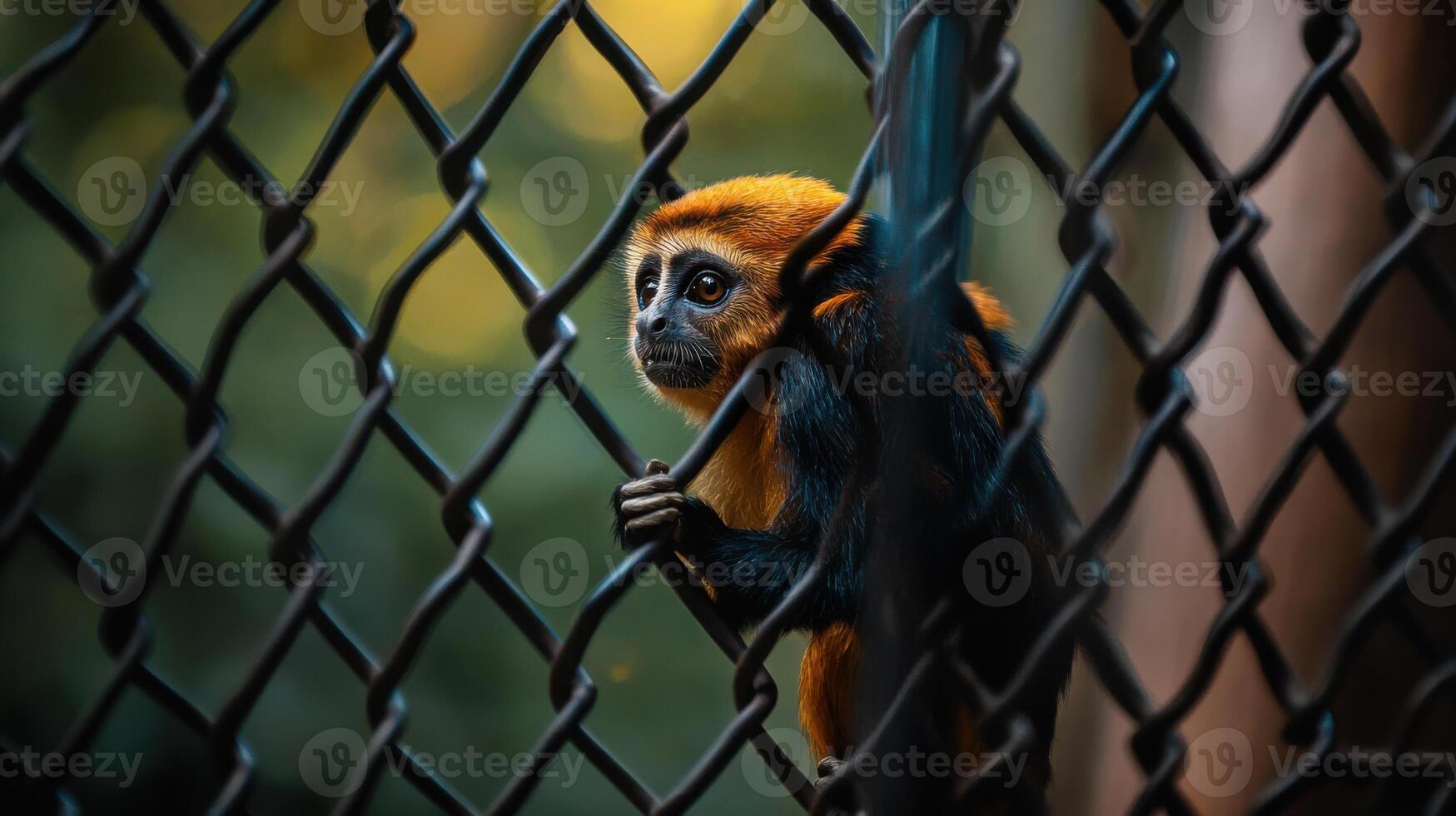 stressed monkey behind fence in zoo environment photo