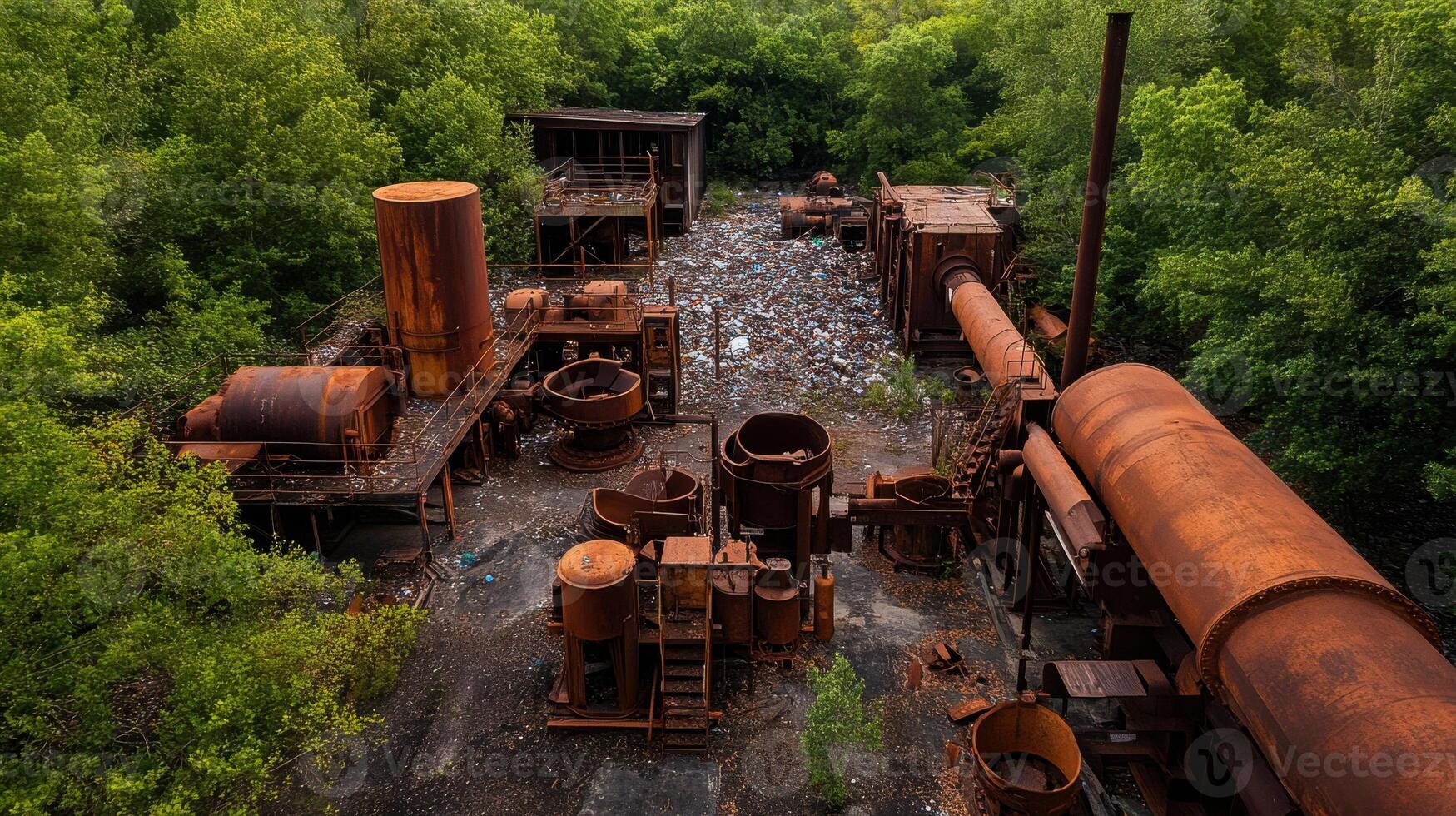 Abandoned industrial site with rusted machinery and greenery photo
