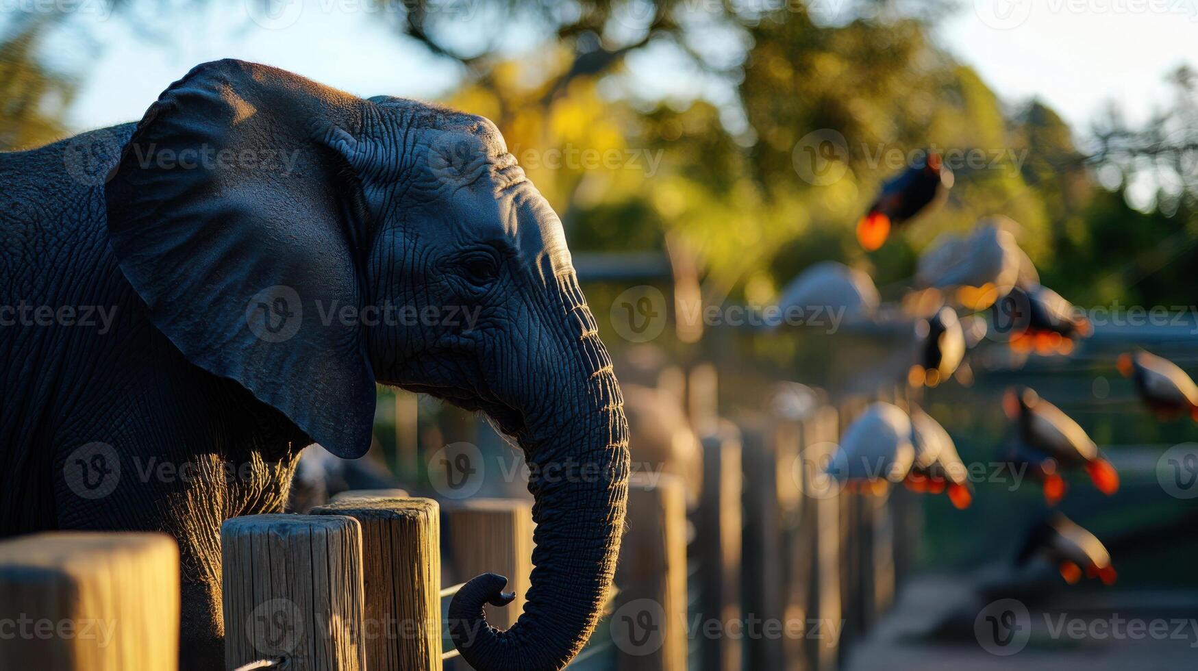 Elephant in zoo with birds in background at sunset photo