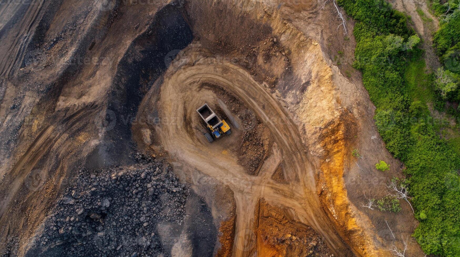 Aerial view of mining site with heavy machinery and earthworks photo