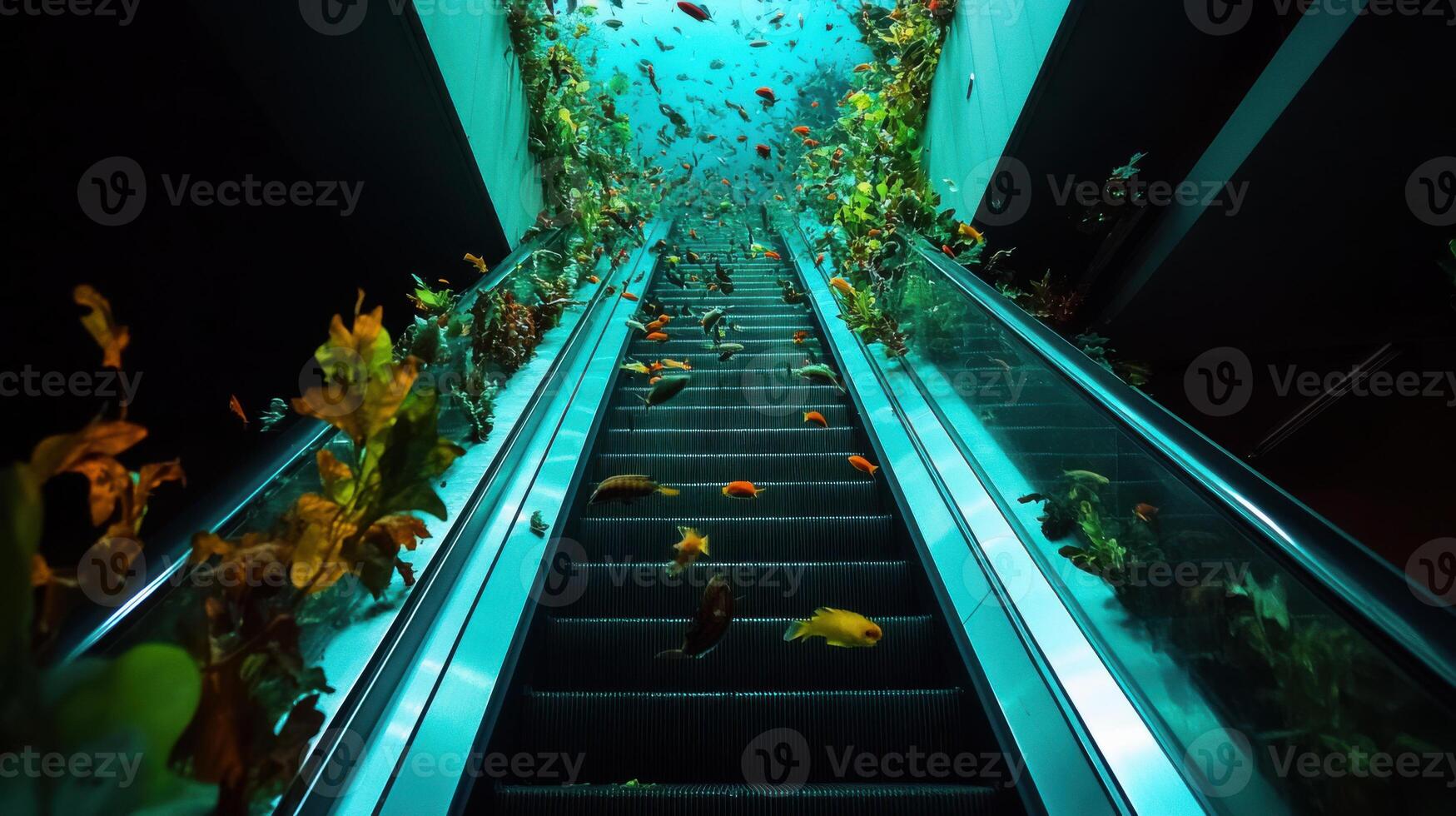 escalator surrounded by aquatic plants and colorful fish photo