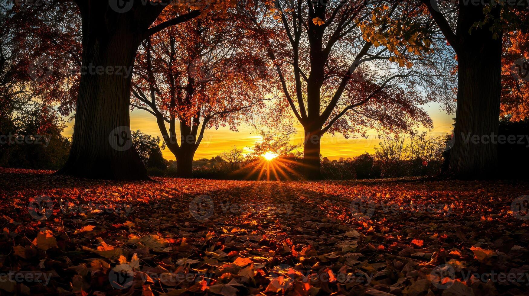 Autumn sunset in the forest with trees and leaves photo
