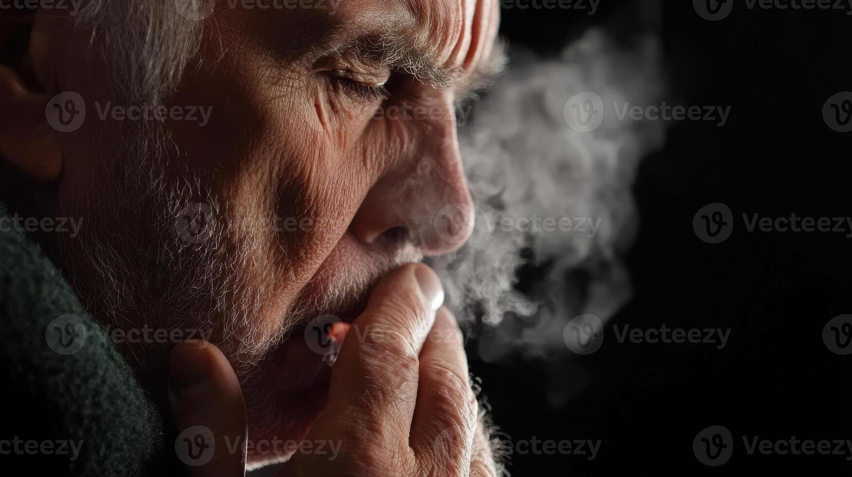 Elderly man coughing heavily due to air pollution effects photo