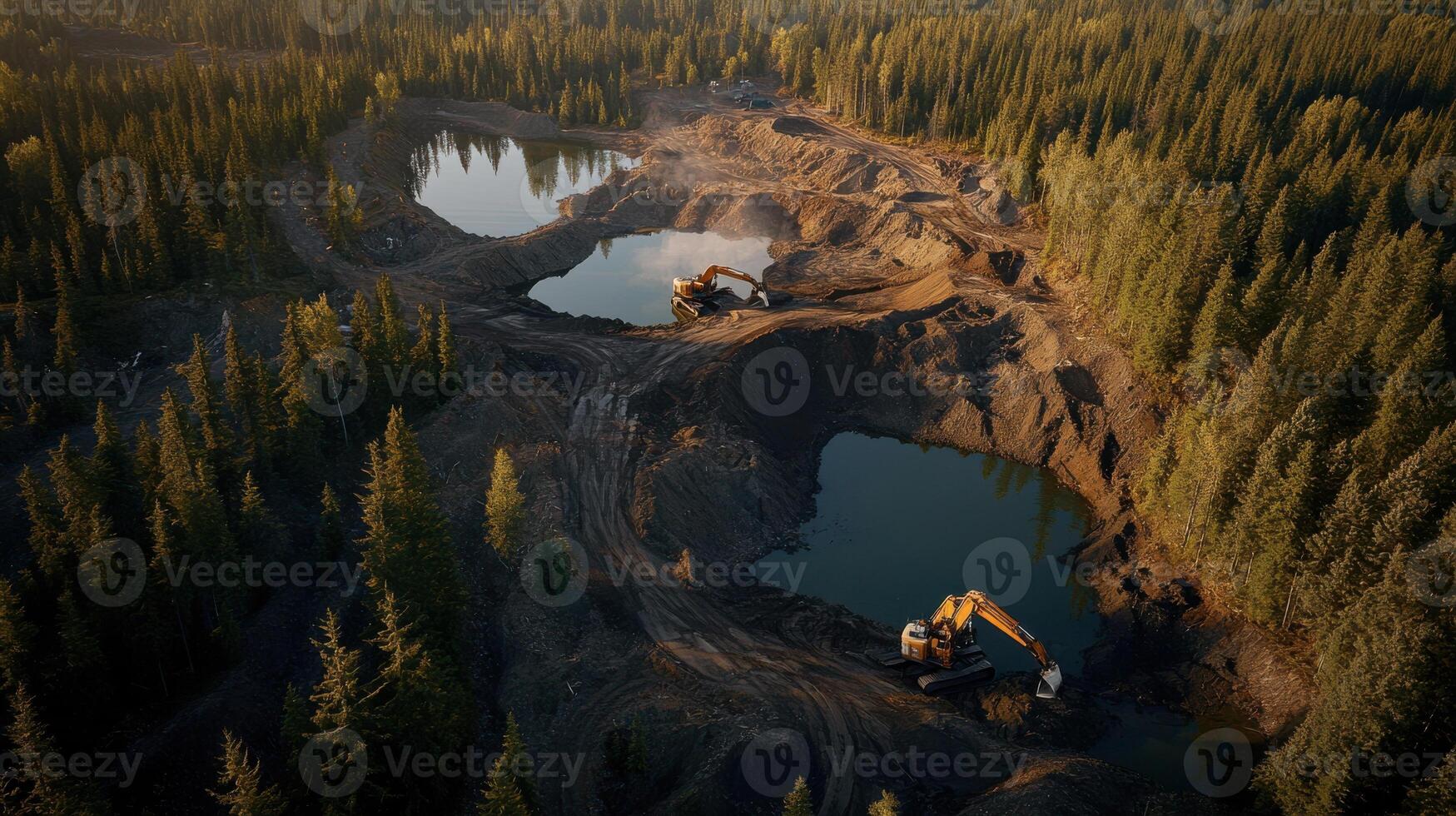 Aerial view of construction site with excavators and ponds photo