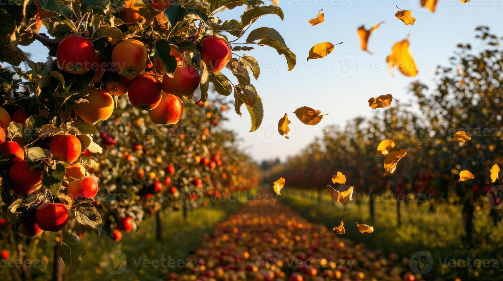 An apple orchard with many apples and butterflies flying around photo