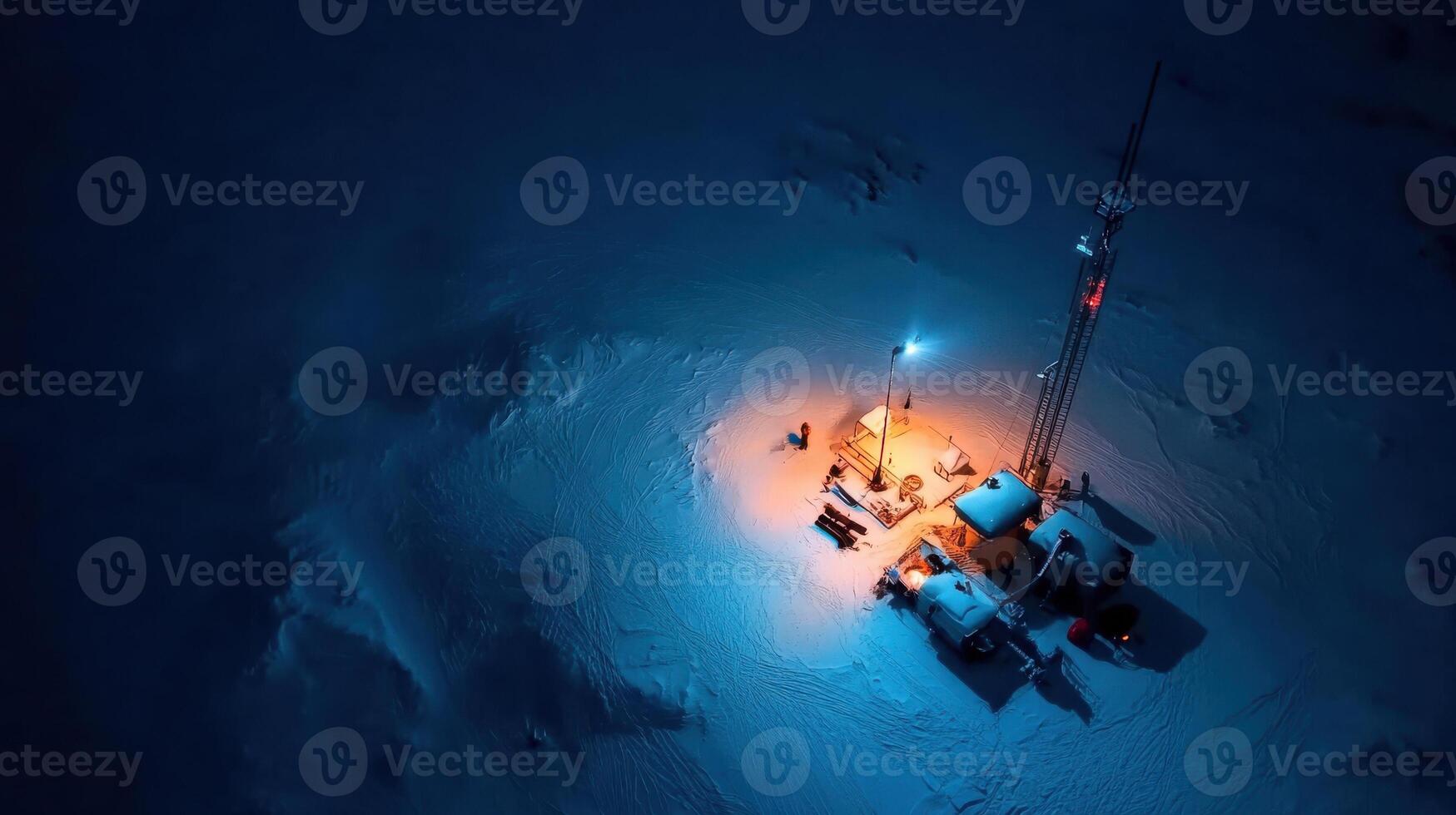 research station illuminated in Arctic storm at night photo
