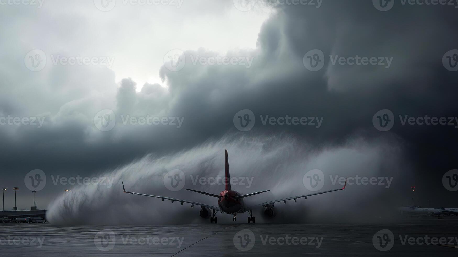 plane facing turbulent weather at airport runway photo