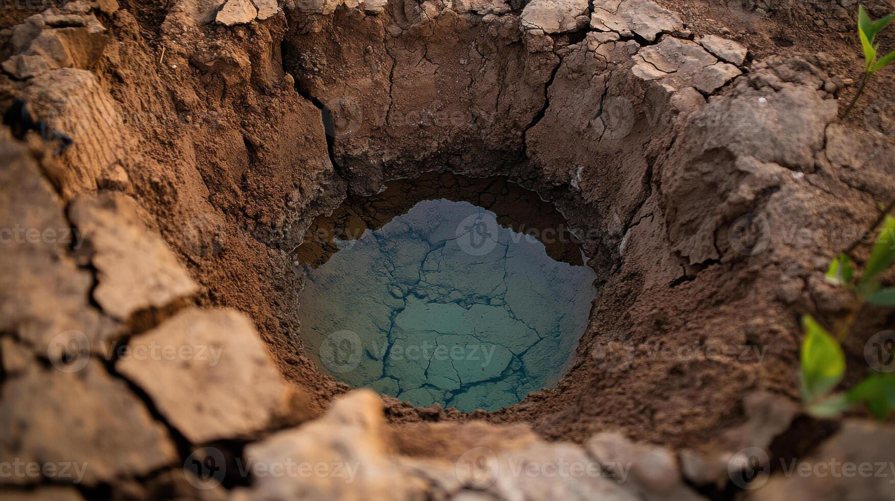 Dried up well with cracked earth and stagnant water photo