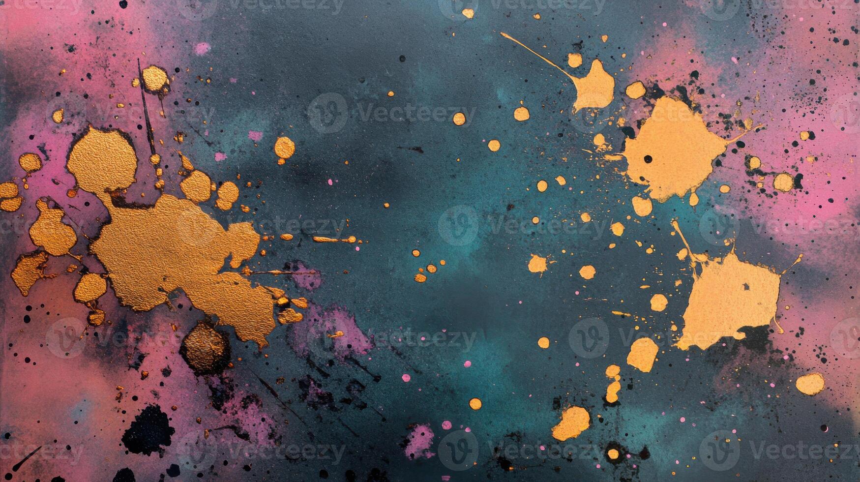 Vibrant abstract art with gold splashes on dark background photo