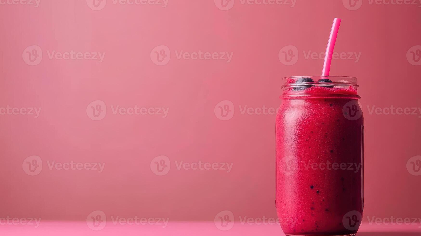 Fresh berry smoothie in jar with pink background photo