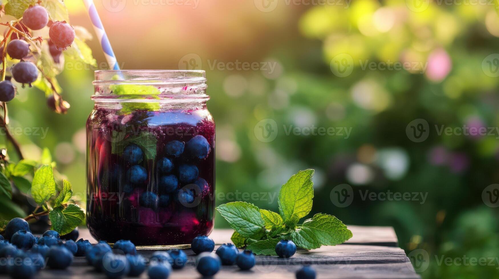 Refreshing blueberry juice in jar with fresh berries photo