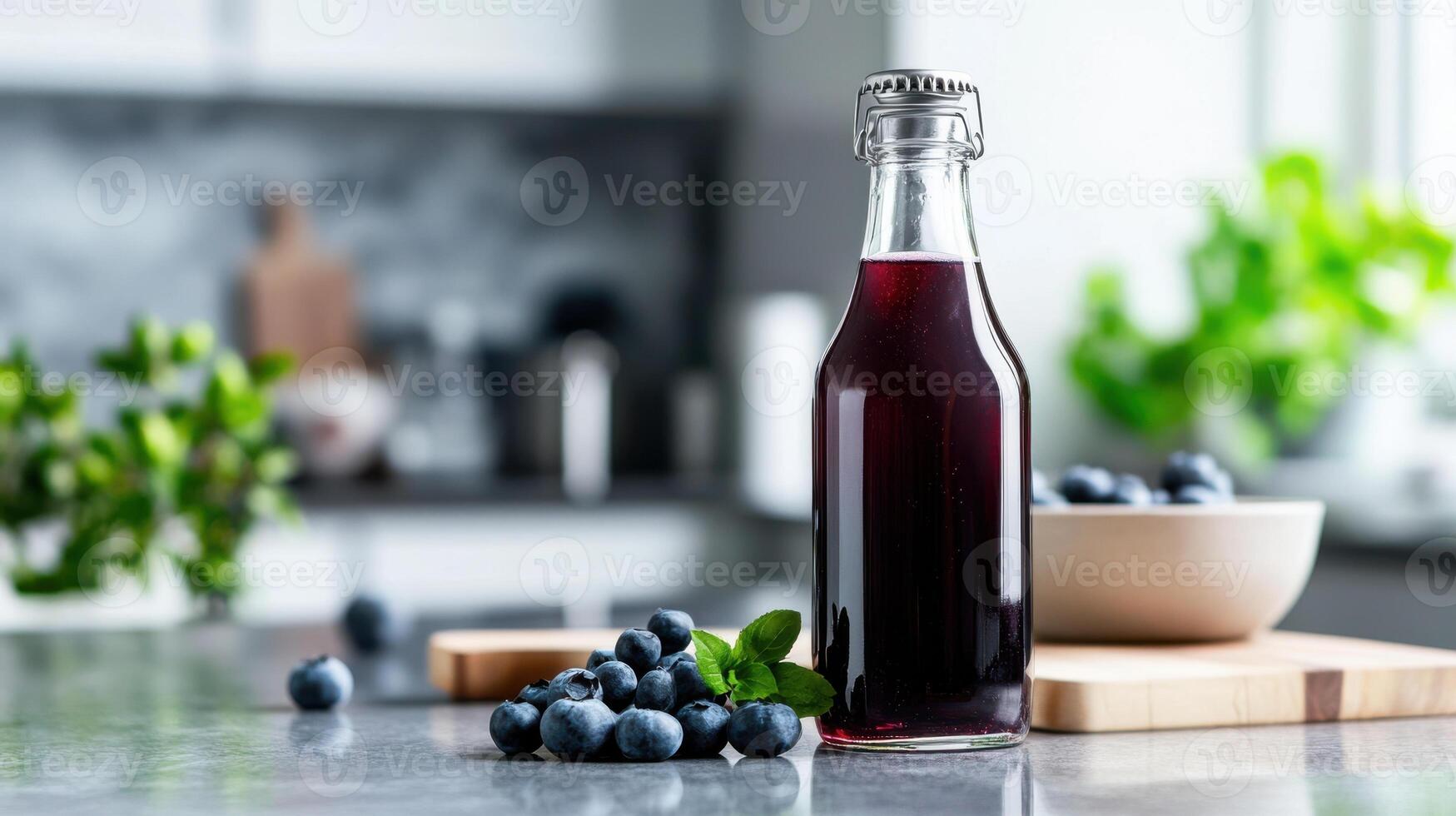 Blueberry syrup in a bottle on a kitchen counter photo