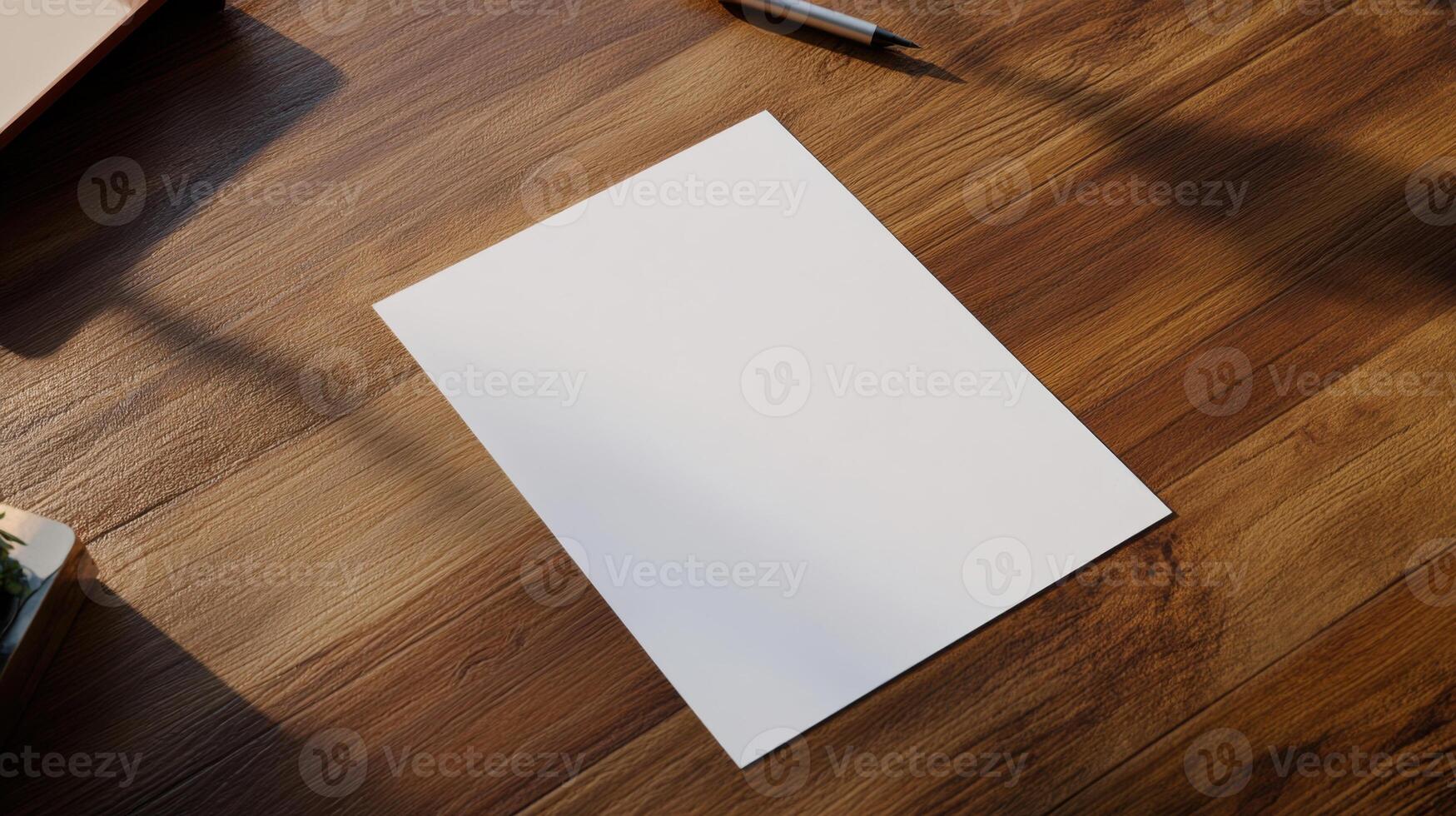 Blank paper on wooden table with pen and coffee photo
