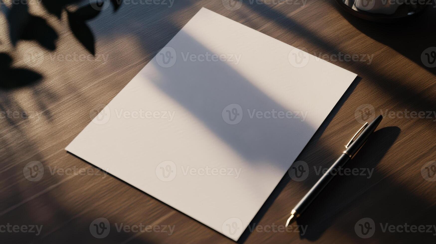 Blank note paper on desk with pen beside it, inviting creativity photo