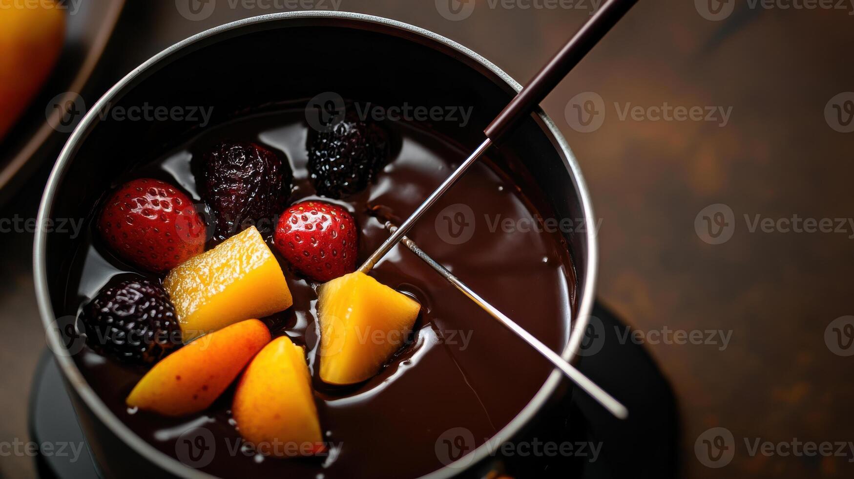 Chocolate fondue with fresh fruit for dipping, elegant and photo