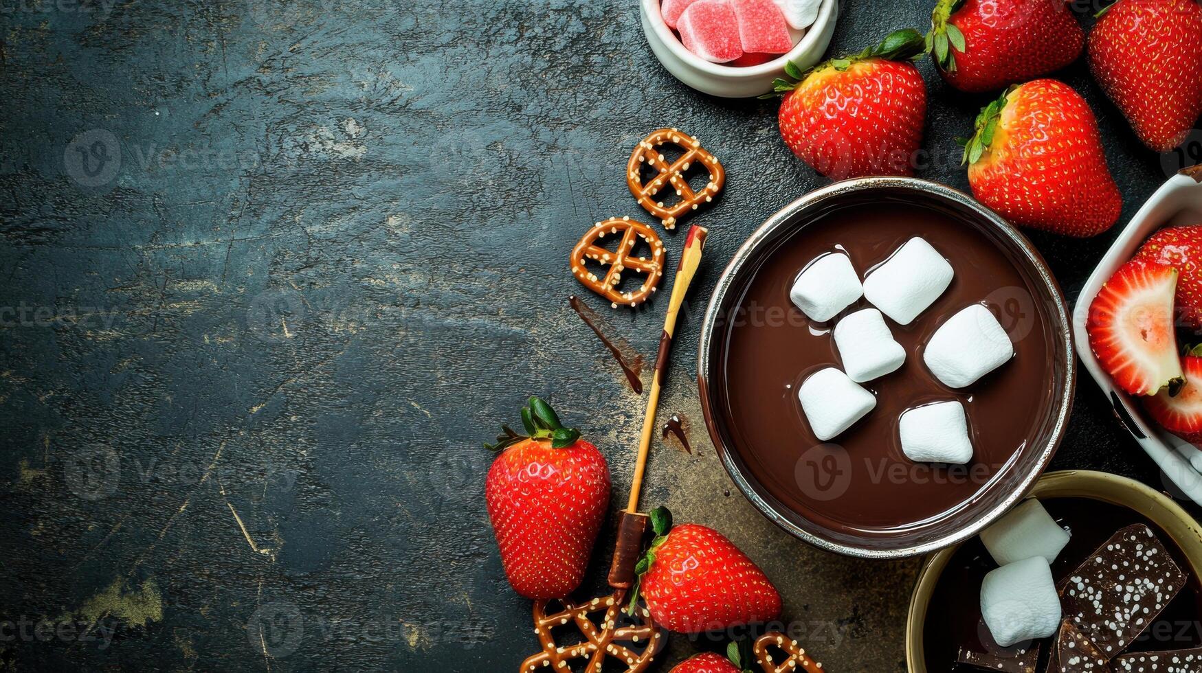 Indulge in chocolate fondue with strawberries and pretzels photo
