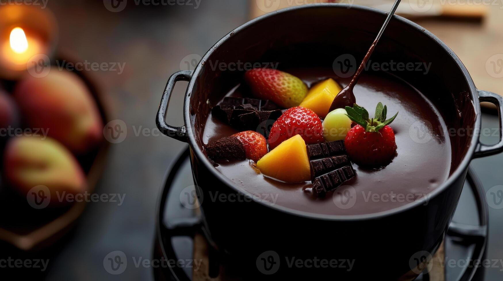 Delicious chocolate fondue with fresh fruit and chocolate pieces photo