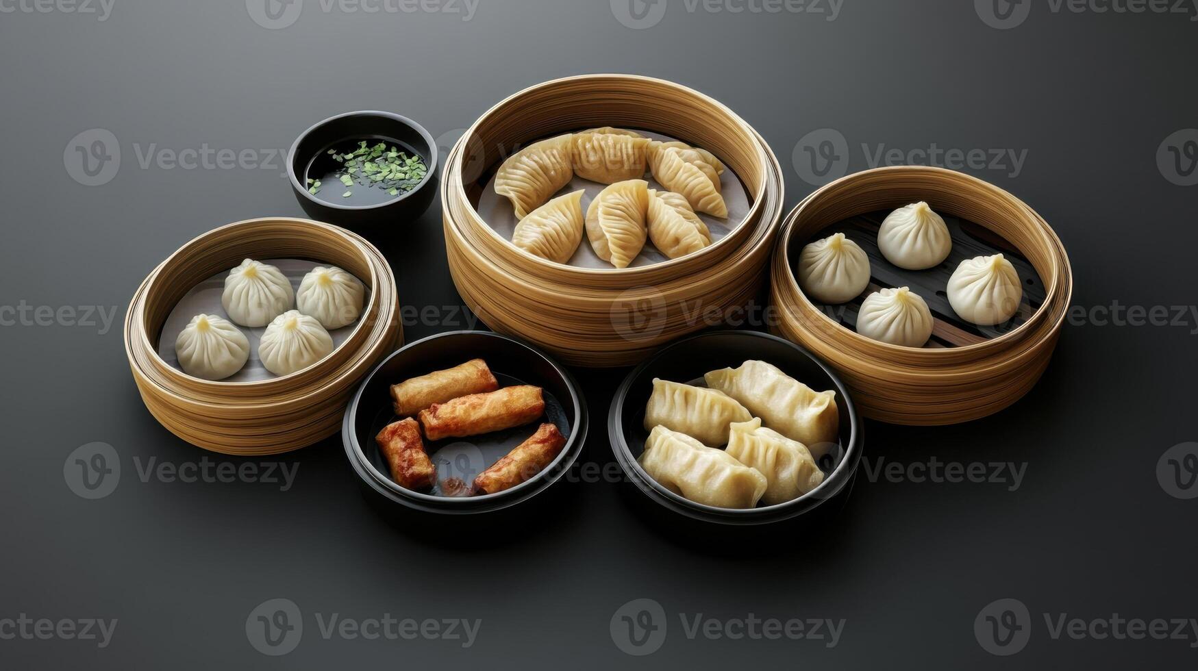 Delicious dim sum served in bamboo steamers on dark surface photo