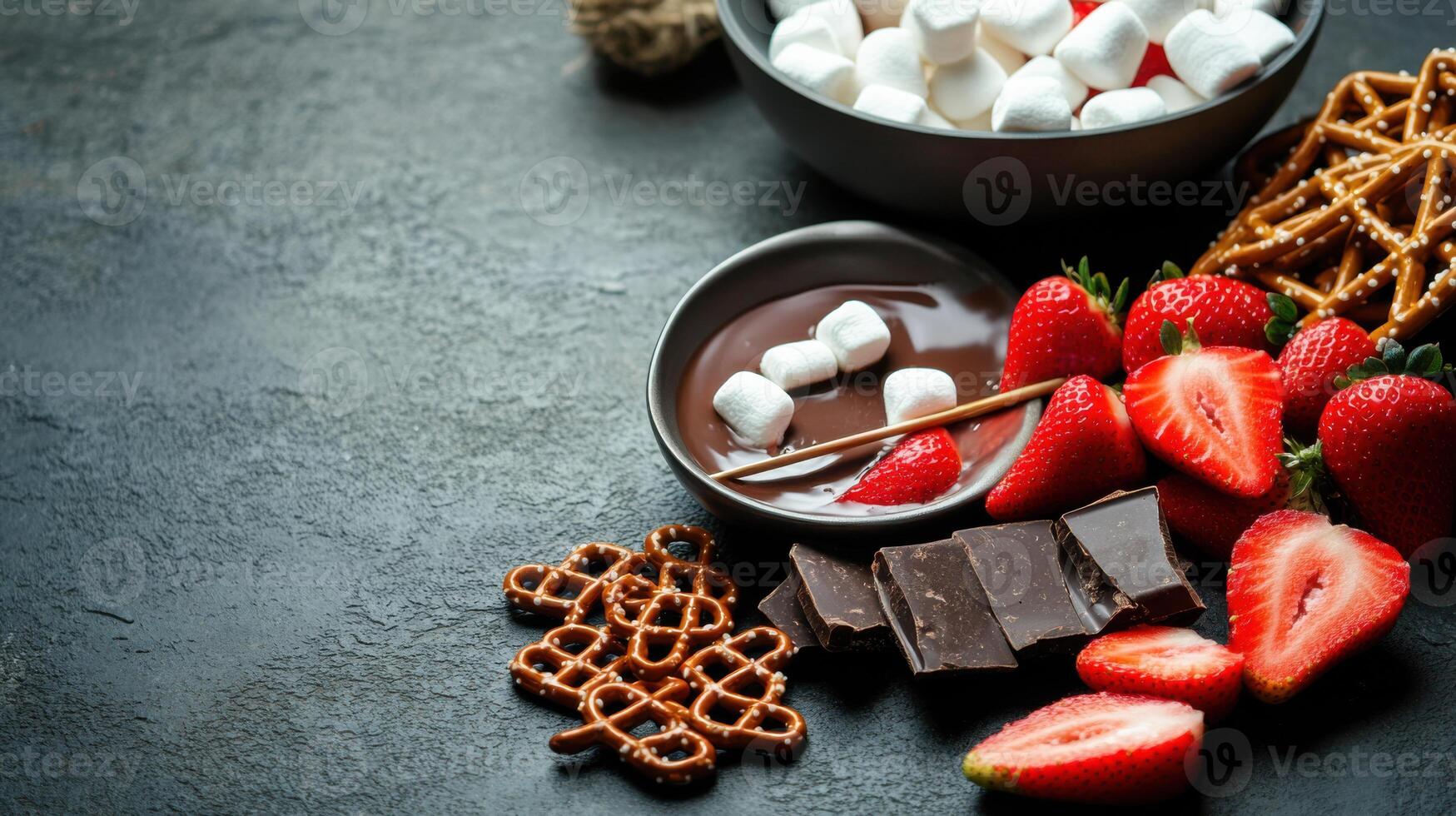 Delicious chocolate fondue with strawberries, pretzels photo
