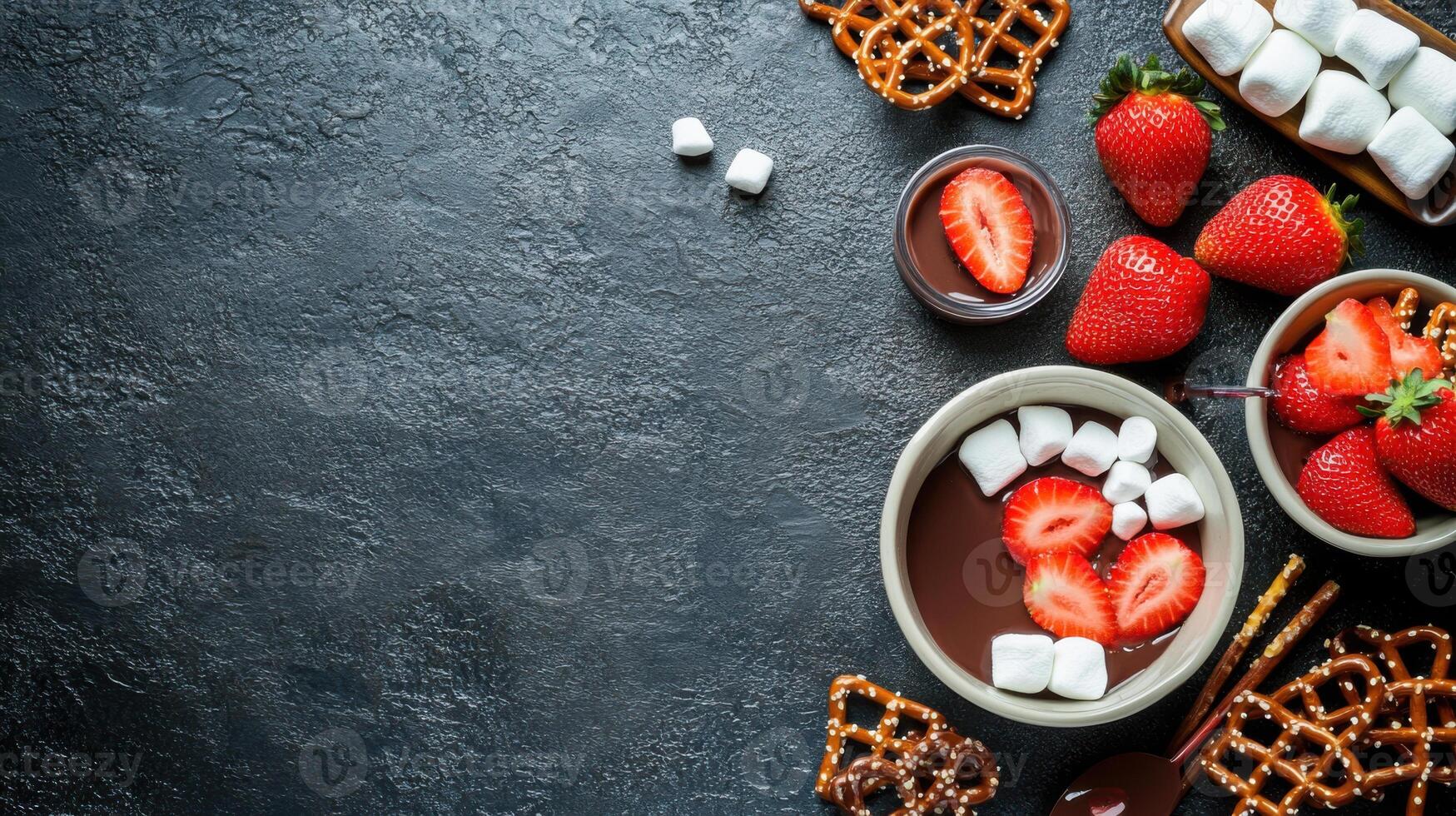 Delicious chocolate fondue with strawberries and pretzels photo