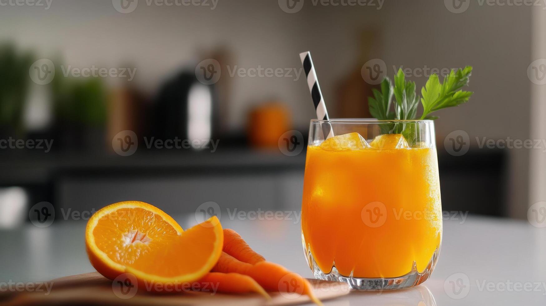 Refreshing orange and carrot juice with ice and garnish photo