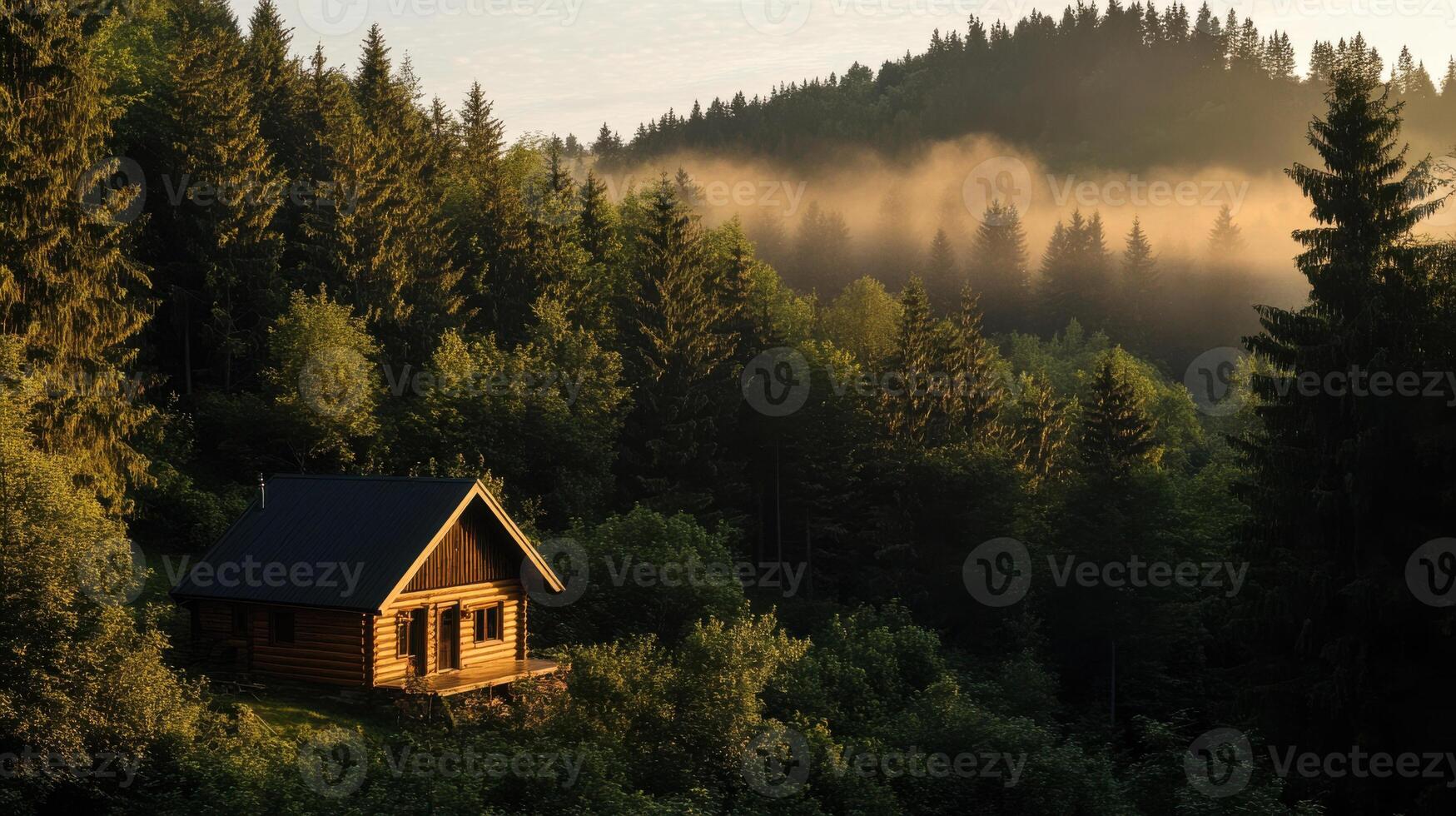 A small cabin in the middle of a forest photo