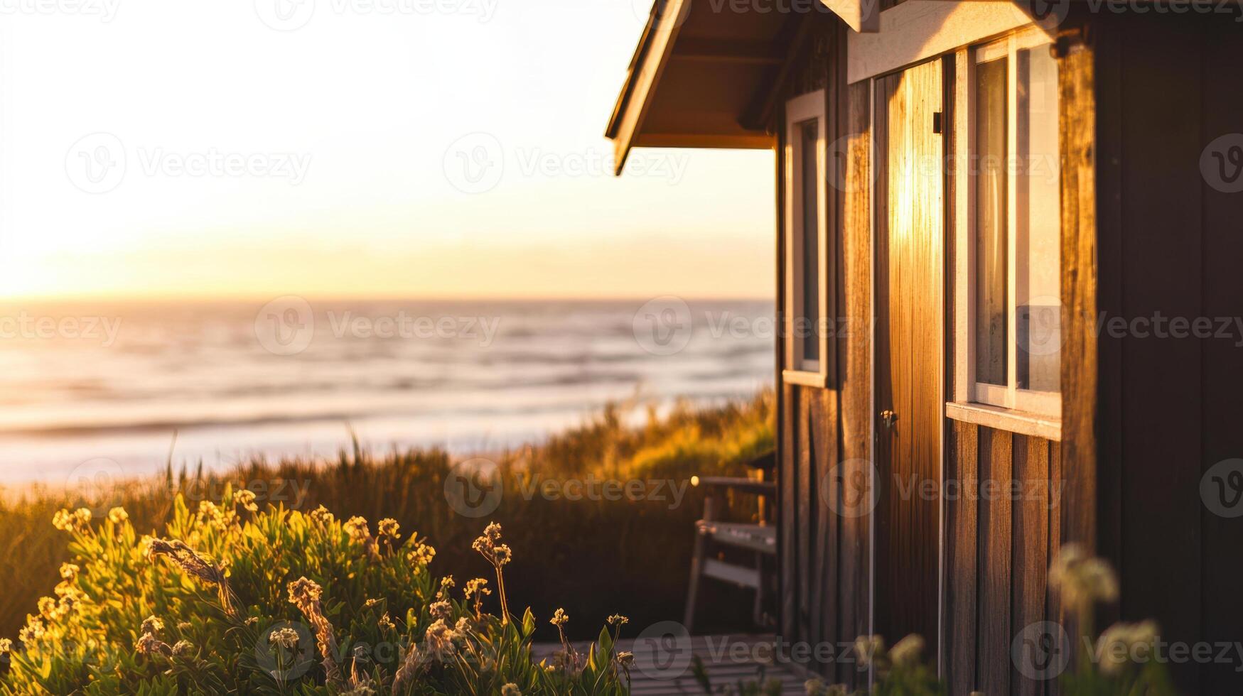 Charming seaside cottage with sunset view and coastal plants photo